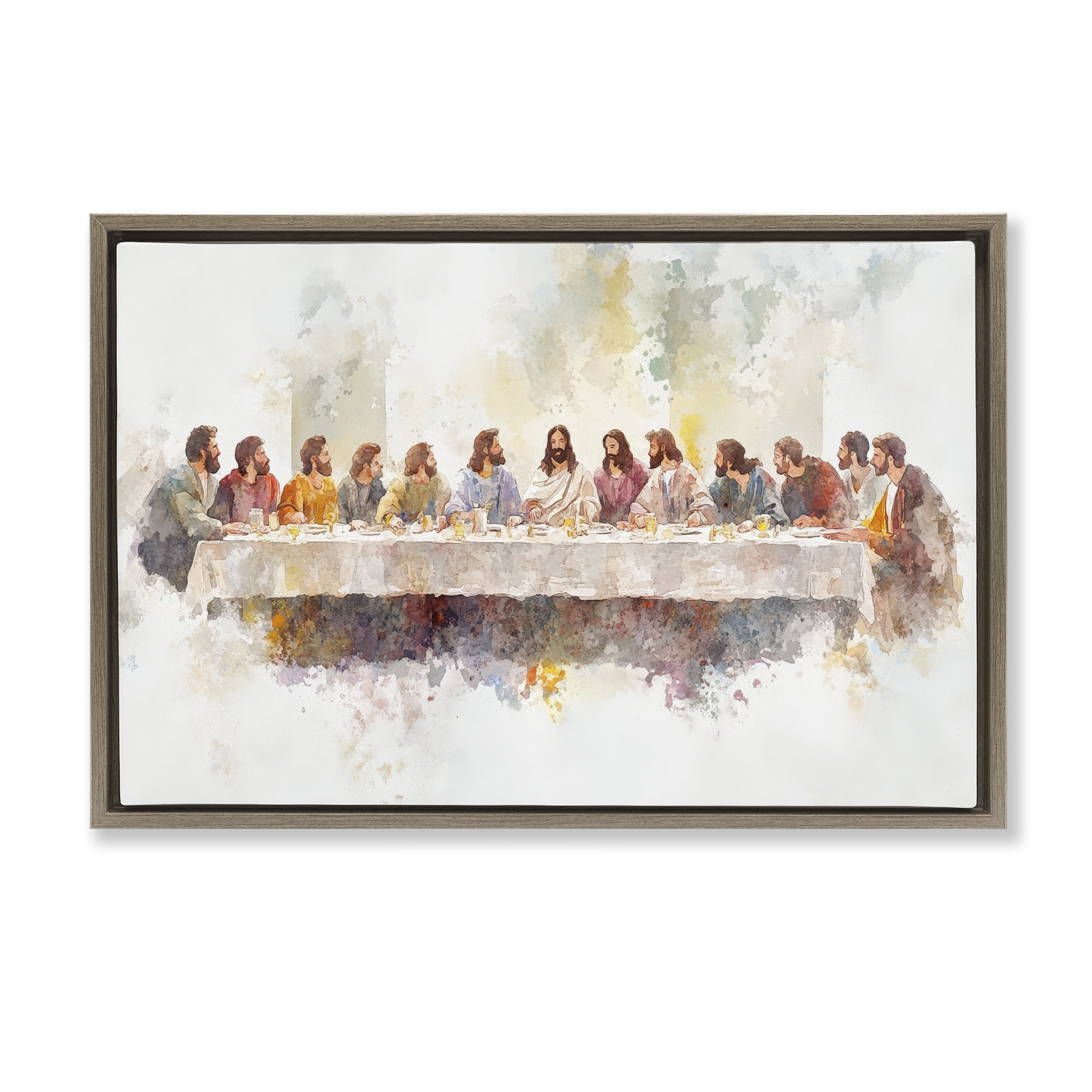 Stupell Industries Watercolor Supper Spirituality Brown Framed Floater Canvas Wall Art, design by Petal Prints Design