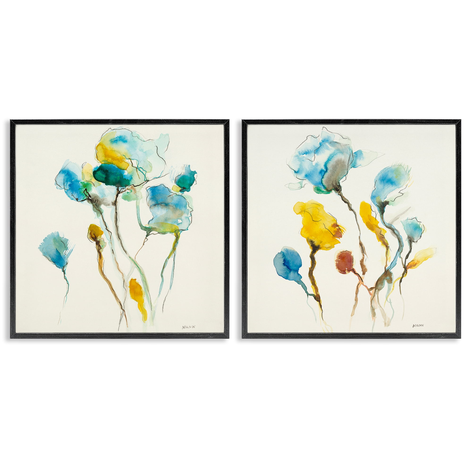 Stupell Industries Watercolor Teal & Yellow Flowers Abstract Painting Black Framed Art Print Wall Art, 17 x 17, Set of 2