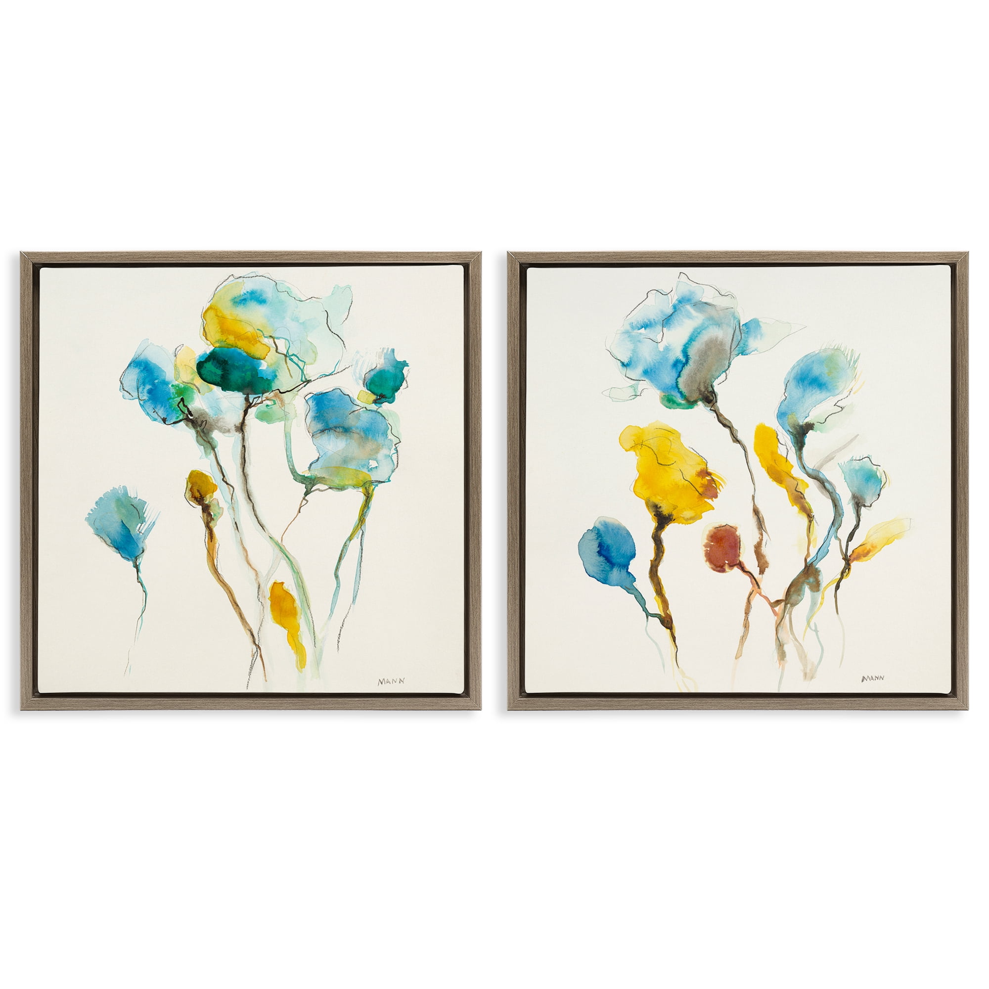Stupell Industries Watercolor Teal & Yellow Flowers Abstract Painting Brown Floater Framed Canvas Art Print Wall Art, 25 x 25, Set of 2