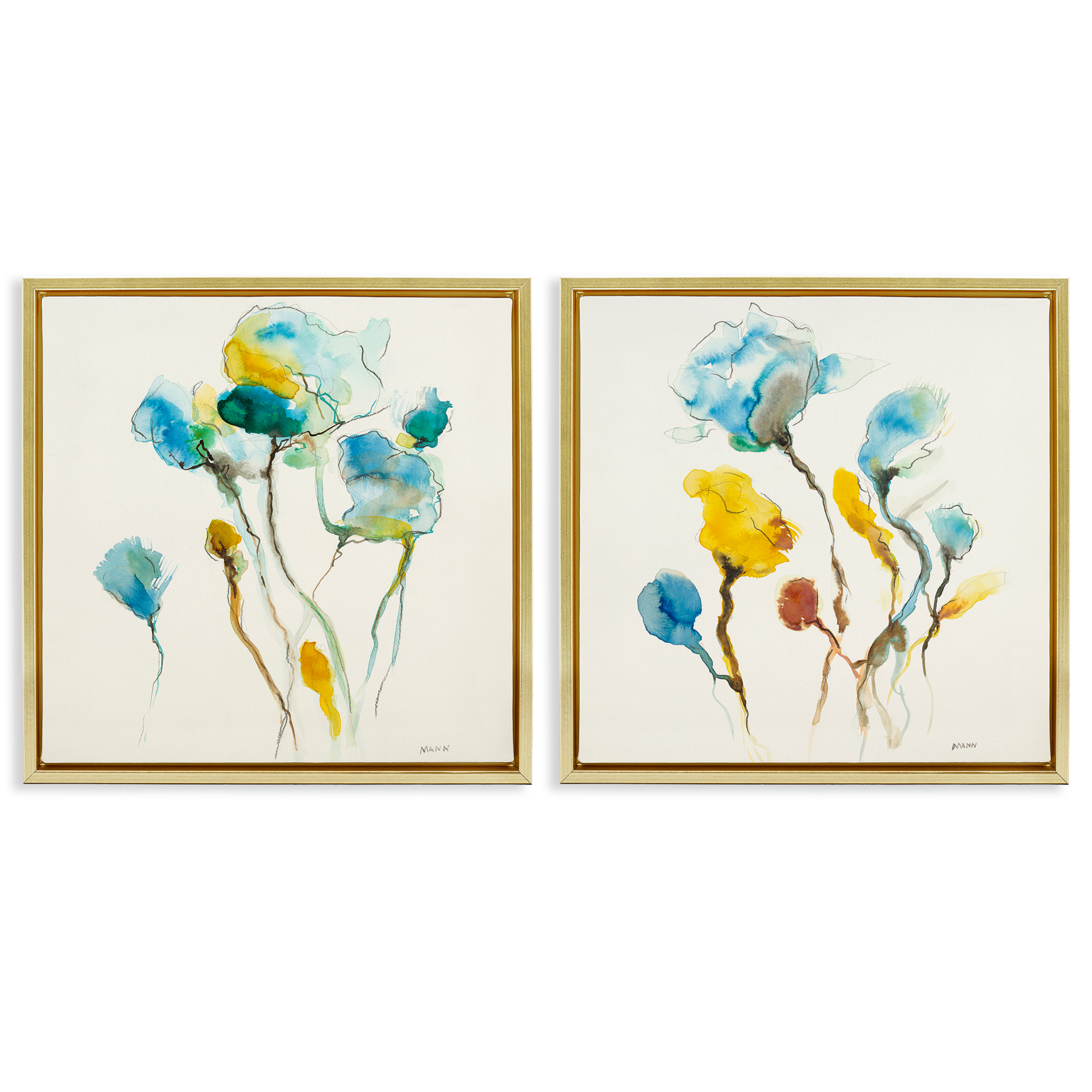 Stupell Industries Watercolor Teal & Yellow Flowers Abstract Painting Gold Floater Framed Canvas Art Print Wall Art, 18 x 18, Set of 2