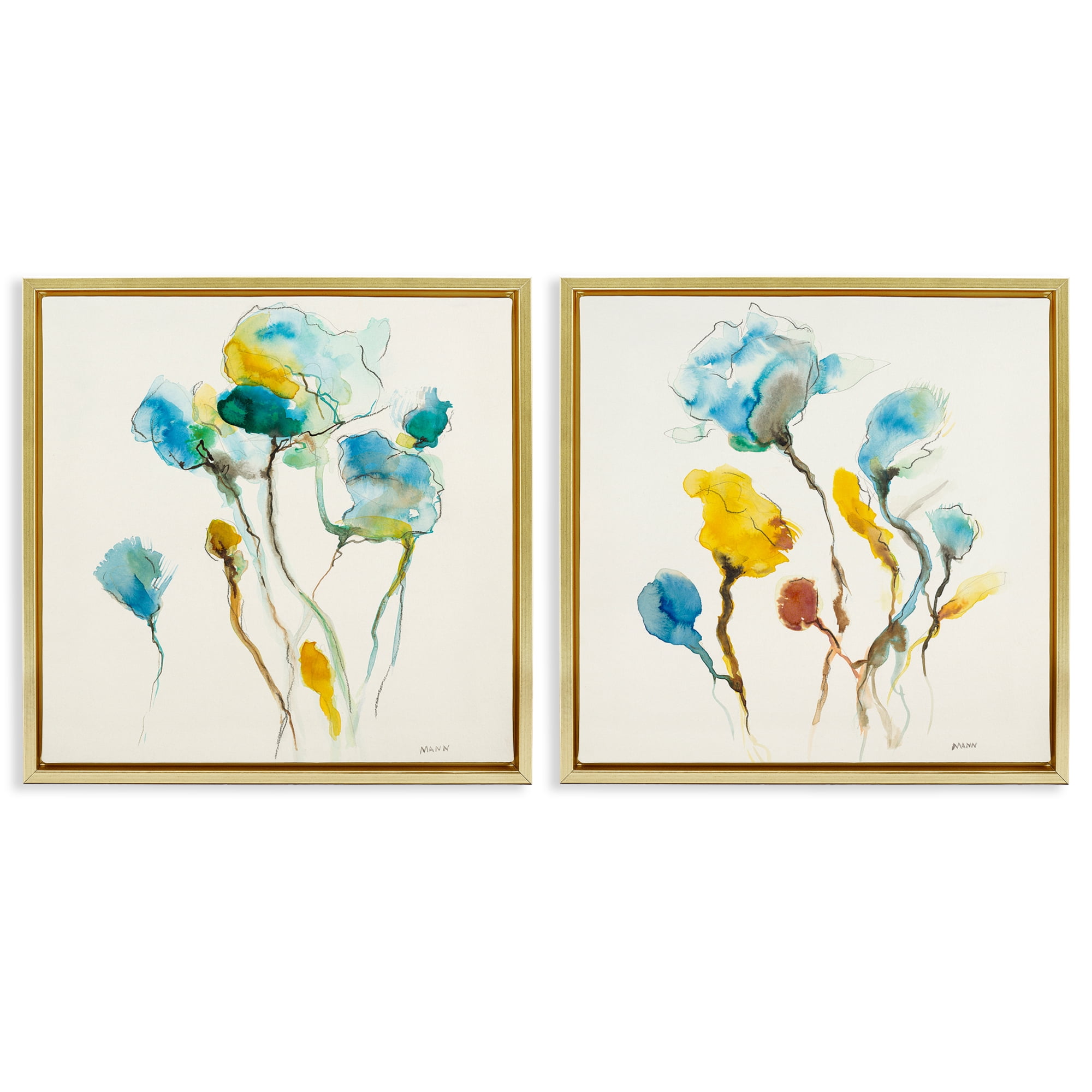 Stupell Industries Watercolor Teal & Yellow Flowers Abstract Painting Gold Floater Framed Canvas Art Print Wall Art, 25 x 25, Set of 2
