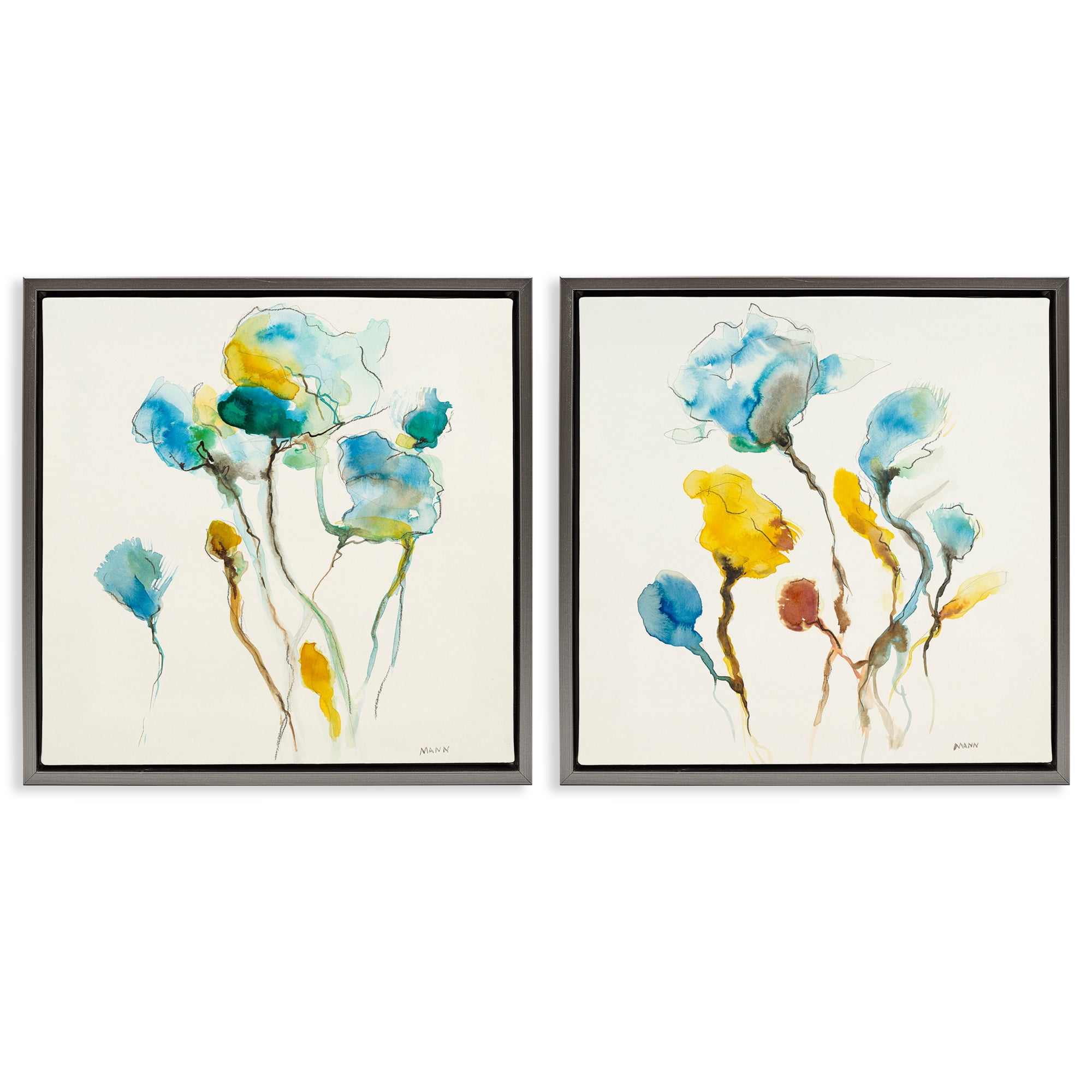 Stupell Industries Watercolor Teal & Yellow Flowers Abstract Painting Gray Floater Framed Canvas Art Print Wall Art, 25 x 25, Set of 2