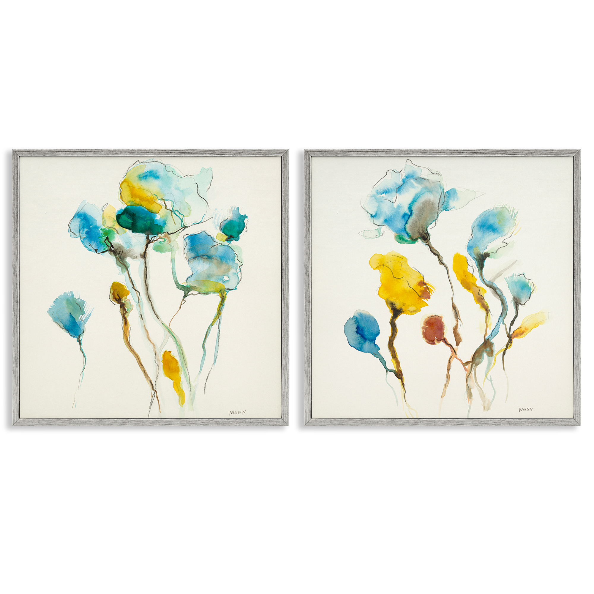 Stupell Industries Watercolor Teal & Yellow Flowers Abstract Painting Gray Framed Art Print Wall Art, 12 x 12, Set of 2