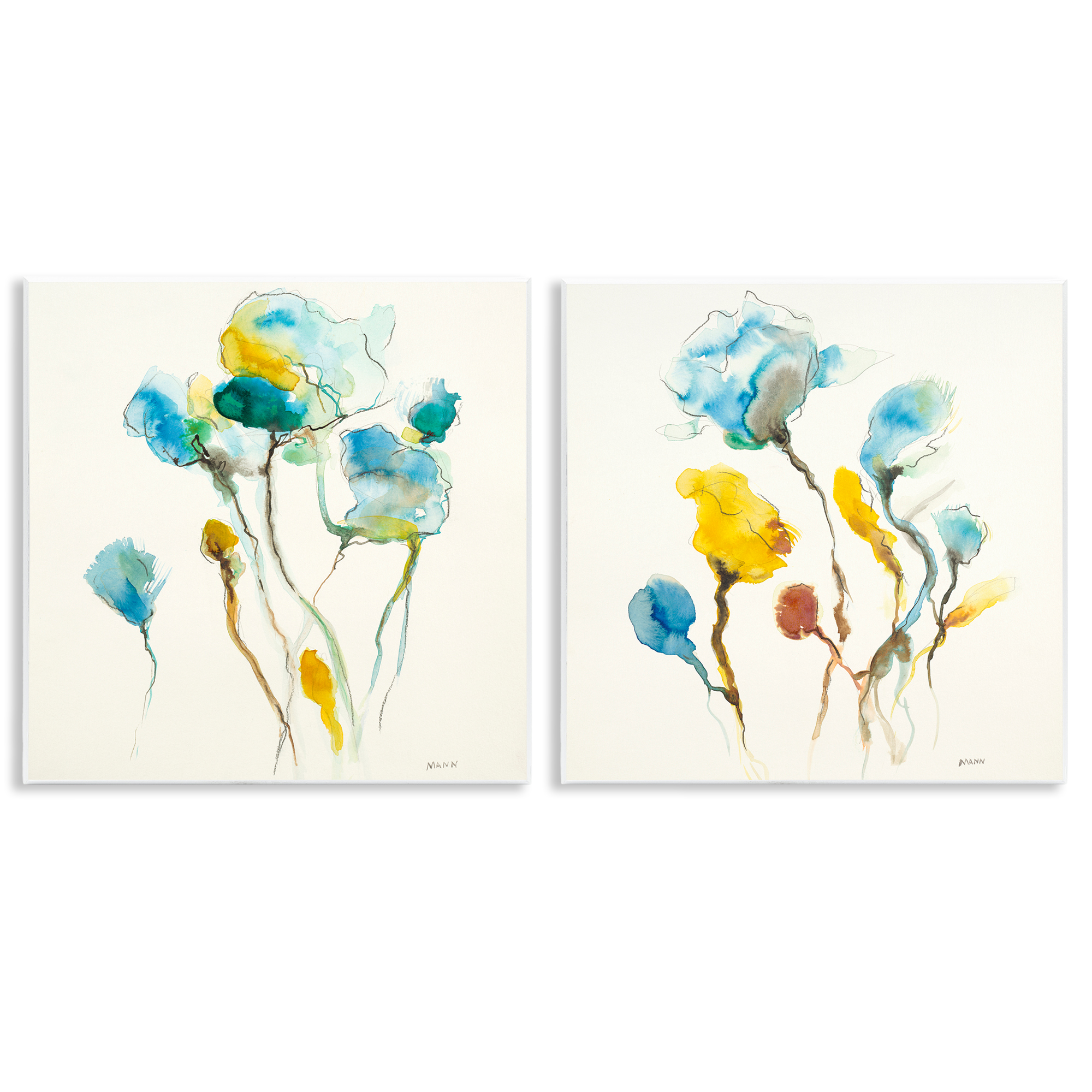 Stupell Industries Watercolor Teal & Yellow Flowers Abstract Painting Unframed Art Print Wall Art, 12 x 12, Set of 2