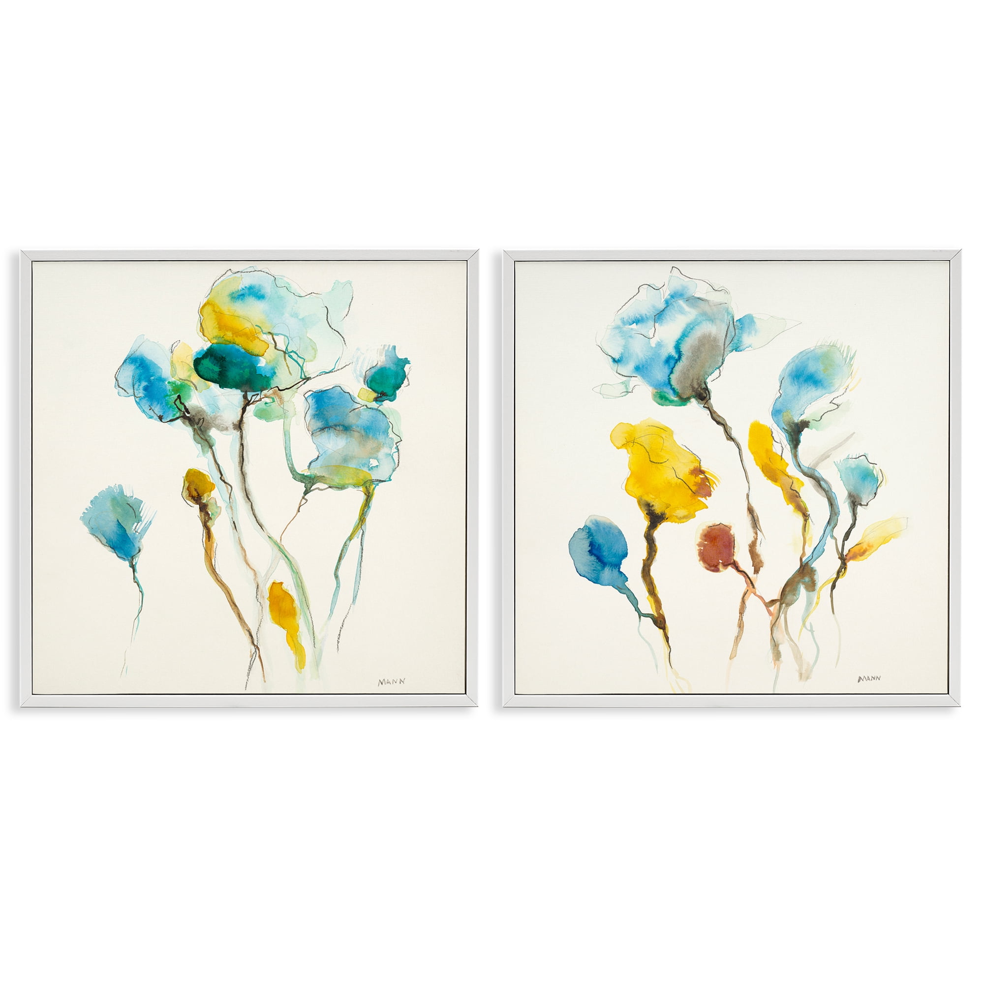 Stupell Industries Watercolor Teal & Yellow Flowers Abstract Painting White Framed Art Print Wall Art, 17 x 17, Set of 2