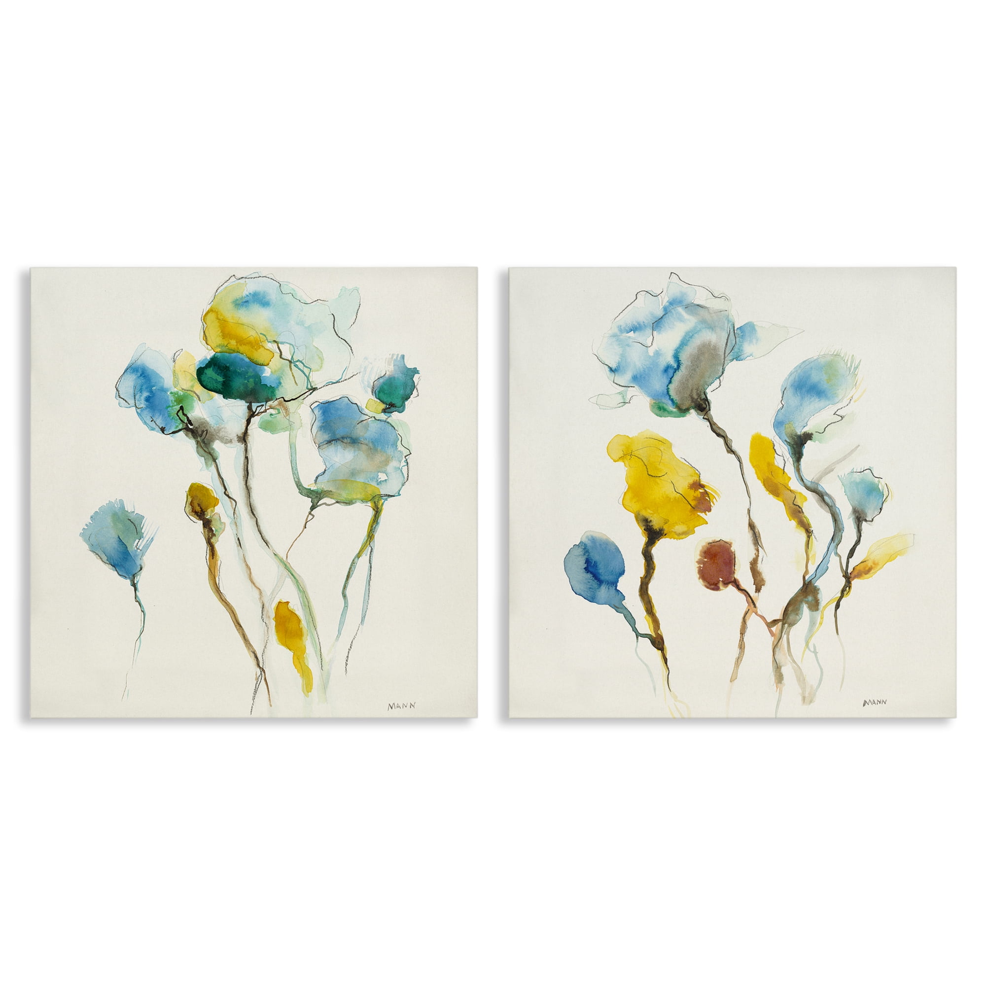 Stupell Industries Watercolor Teal & Yellow Flowers Abstract Painting Wrapped Canvas Art Print Wall Art, 24 x 24, Set of 2
