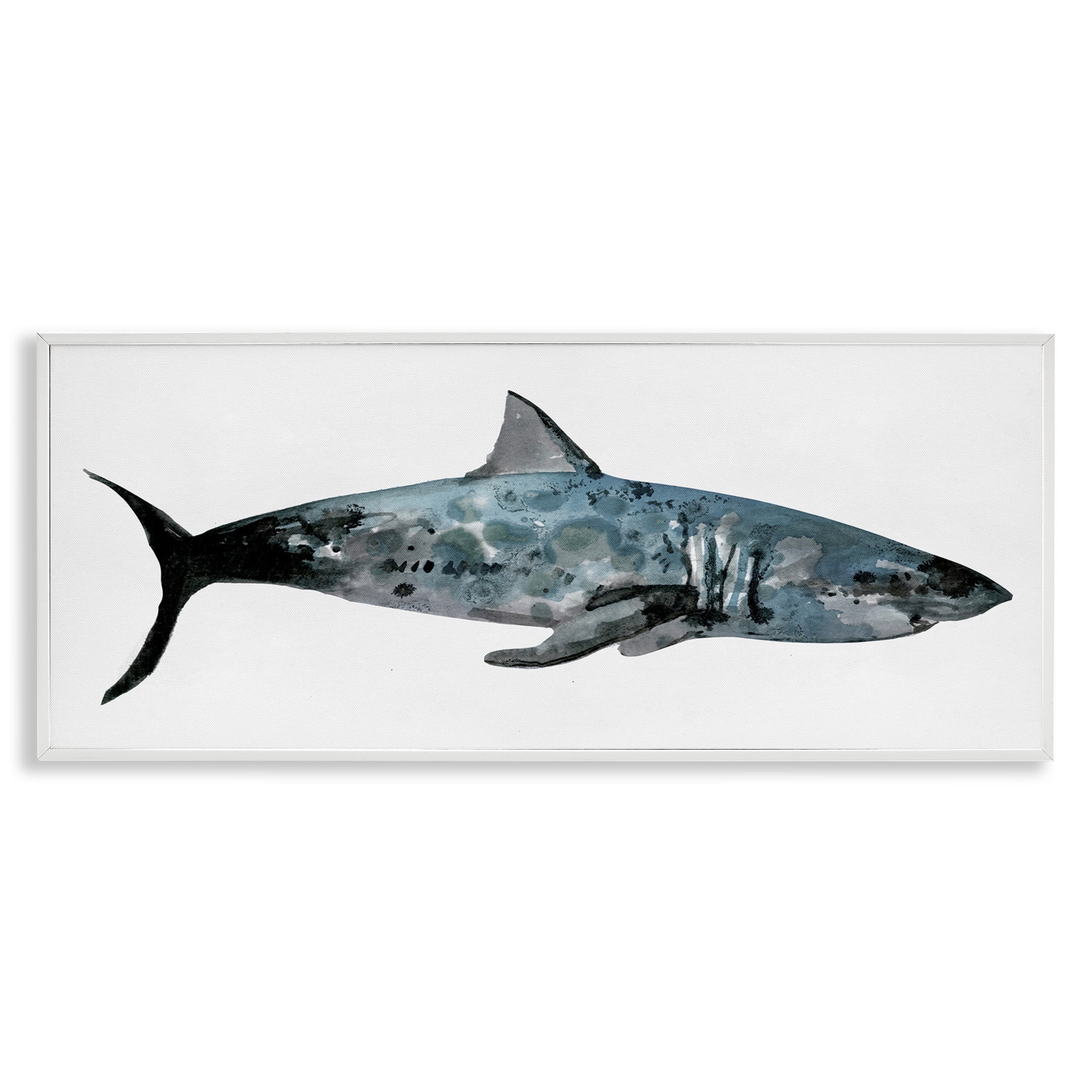 Stupell Industries Watercolor Textured Shark Animals & Insects Painting White Framed Art Print Wall Art, 24 x 10