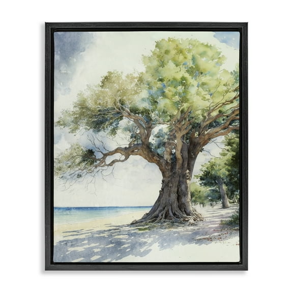 Stupell Industries Watercolor Tree on Shore Nautical & Beach Painting Black Floater Framed Canvas Art Print Wall Art, 17 x 21