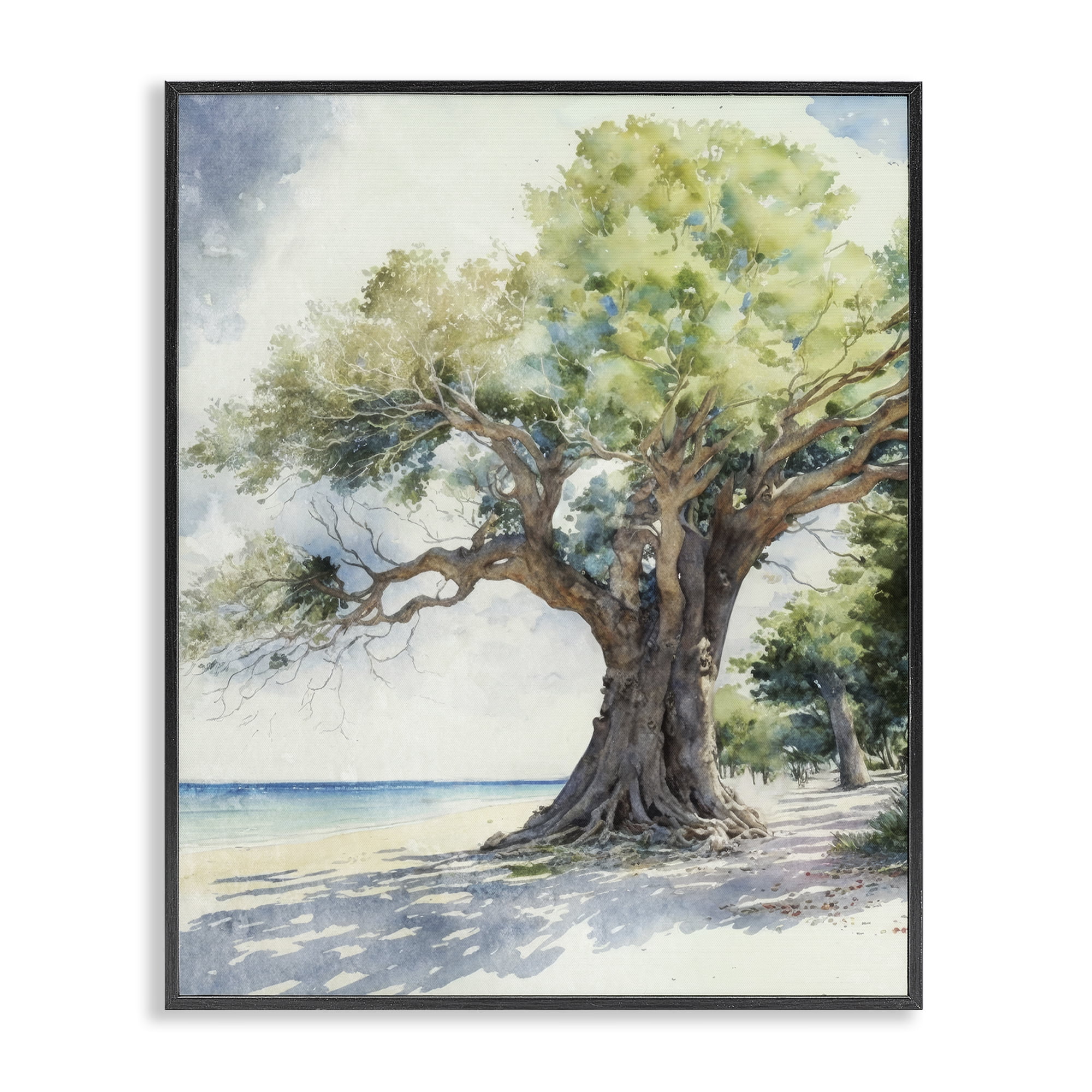Stupell Industries Watercolor Tree on Shore Nautical & Beach Painting Black Framed Art Print Wall Art, 24 x 30