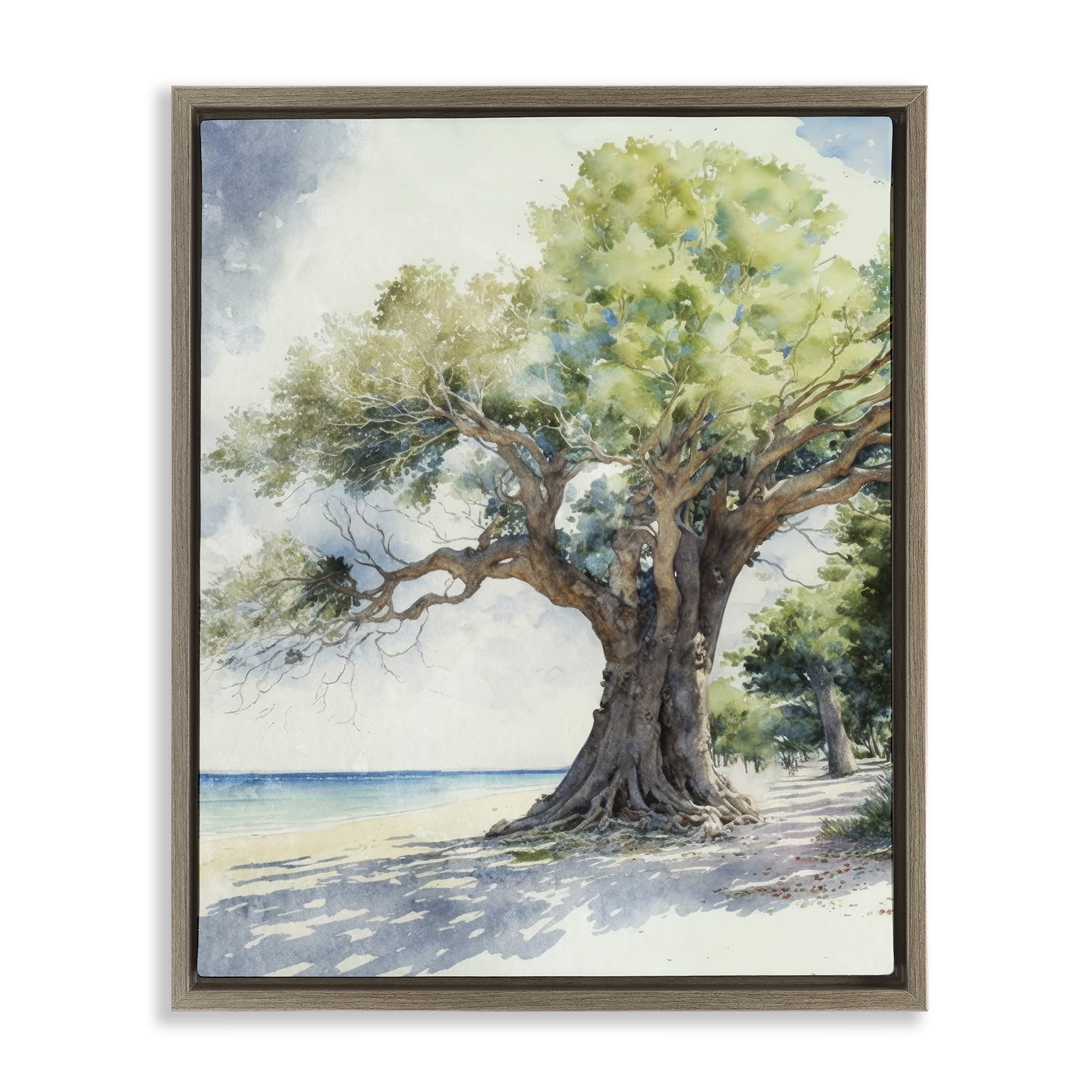 Stupell Industries Watercolor Tree on Shore Nautical & Beach Painting Brown Floater Framed Canvas Art Print Wall Art, 17 x 21