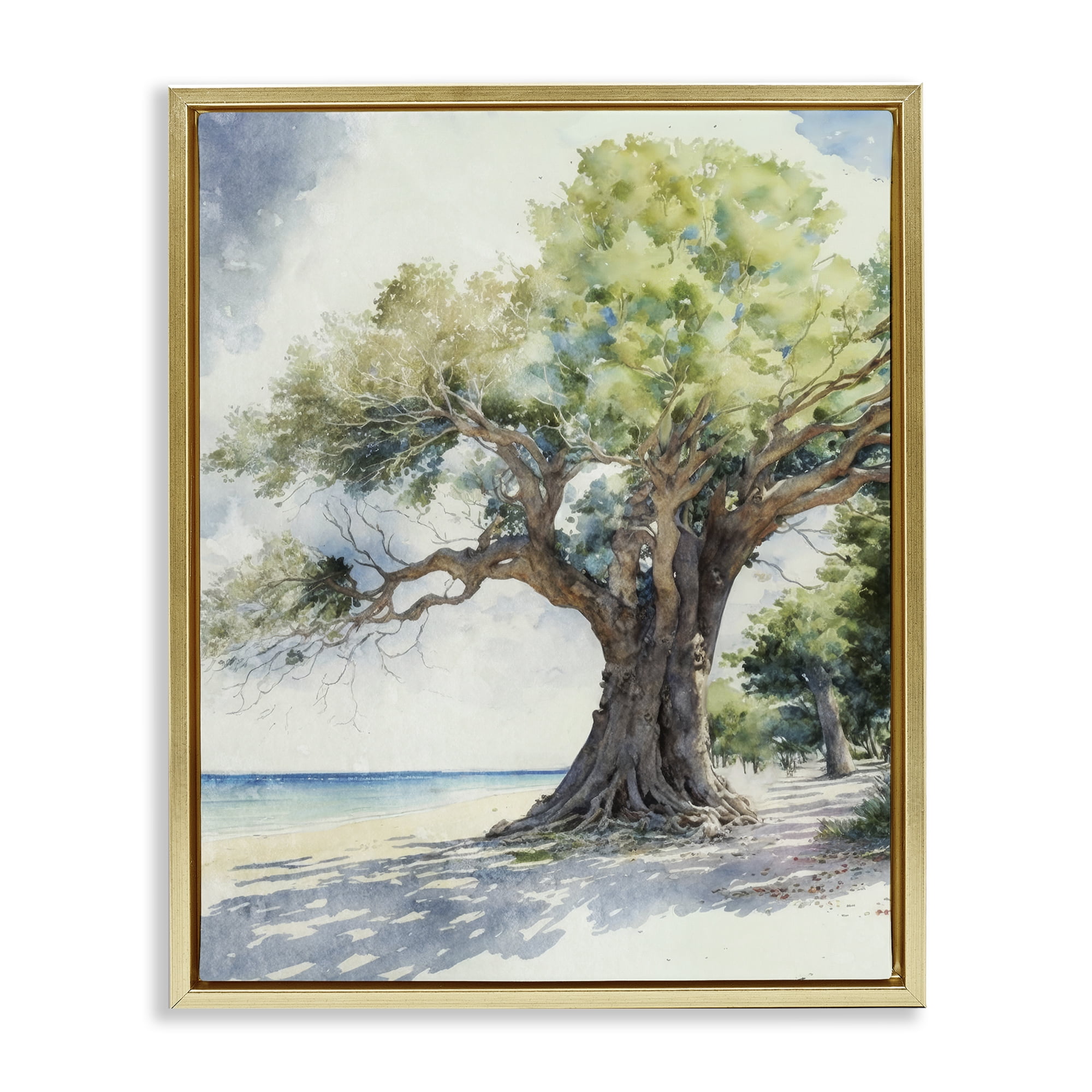 Stupell Industries Watercolor Tree on Shore Nautical & Beach Painting Gold Floater Framed Canvas Art Print Wall Art, 25 x 31