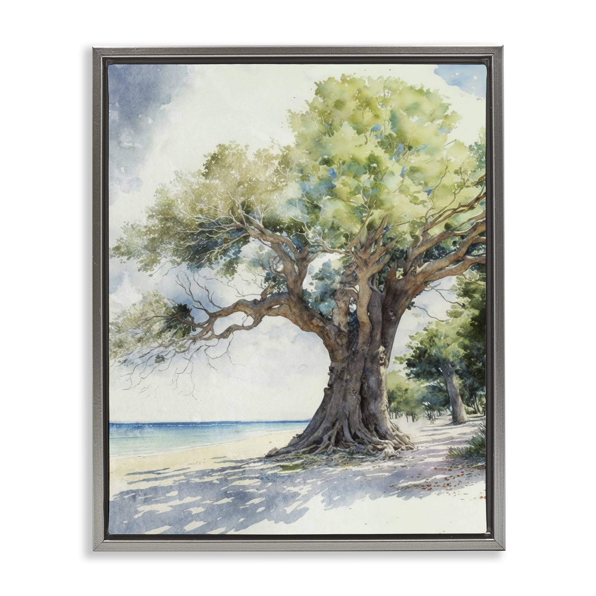 Stupell Industries Watercolor Tree on Shore Nautical & Beach Painting Gray Floater Framed Canvas Art Print Wall Art, 17 x 21