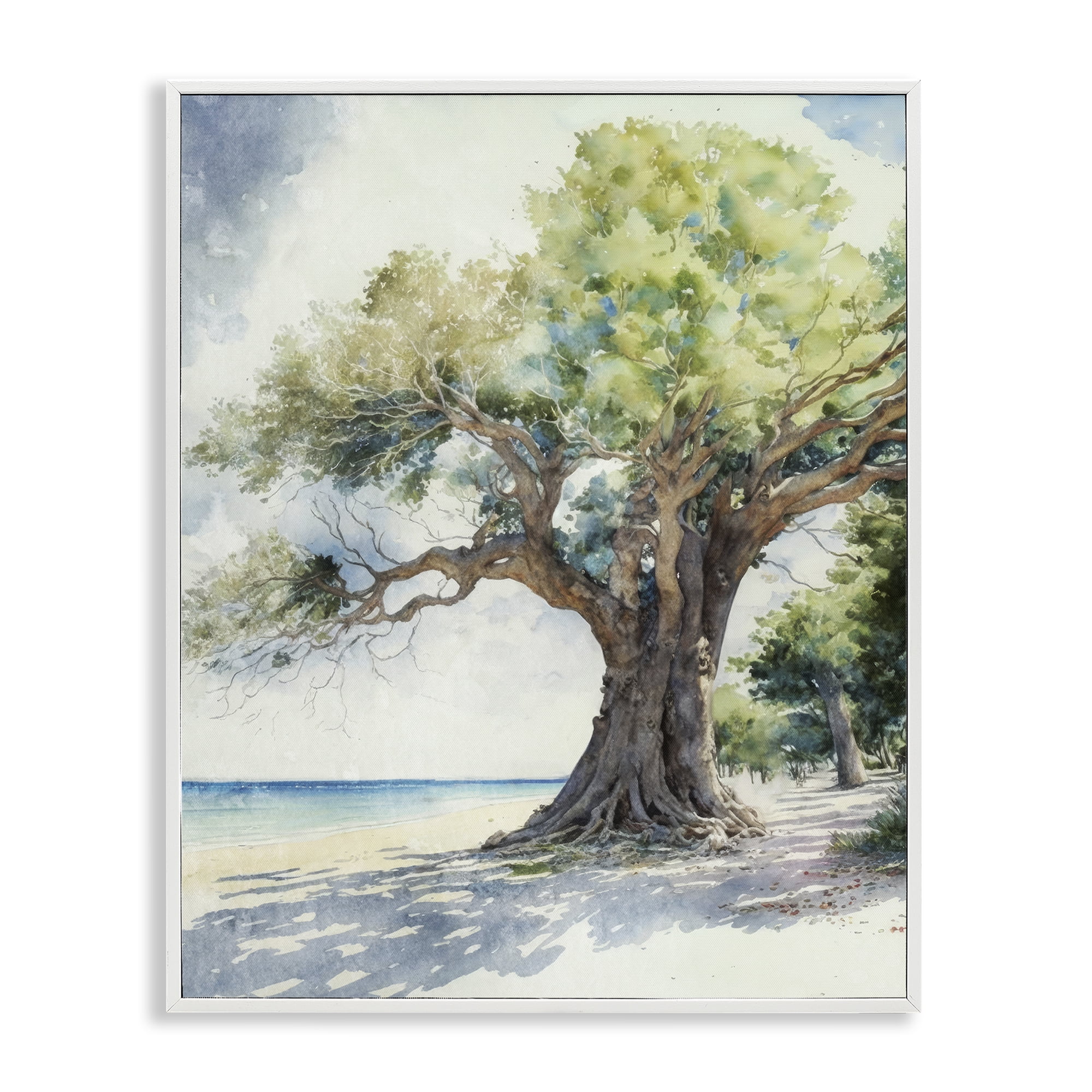 Stupell Industries Watercolor Tree on Shore Nautical & Beach Painting White Framed Art Print Wall Art, 16 x 20