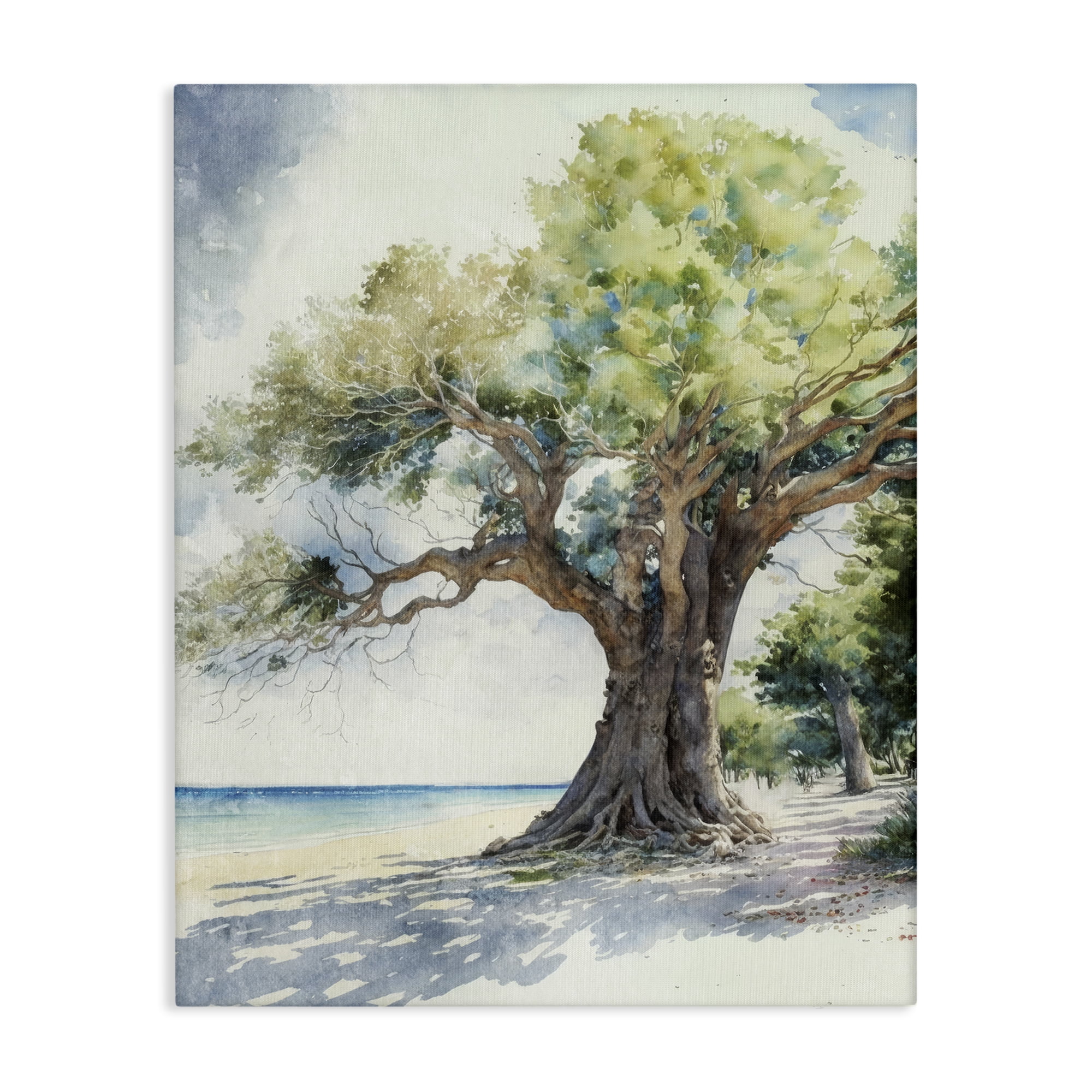 Stupell Industries Watercolor Tree on Shore Nautical & Beach Painting Wrapped Canvas Art Print Wall Art, 16 x 20
