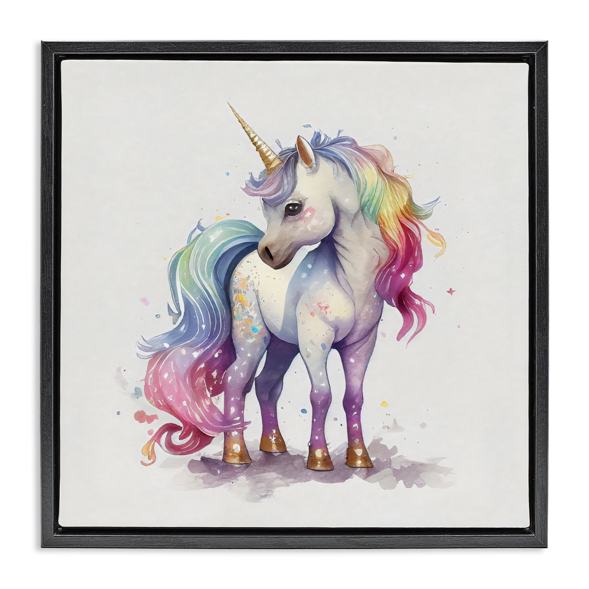 Stupell Industries Watercolor Unicorn & Rainbow Mane Black Framed Floater Canvas Wall Art, design by Creative Studio