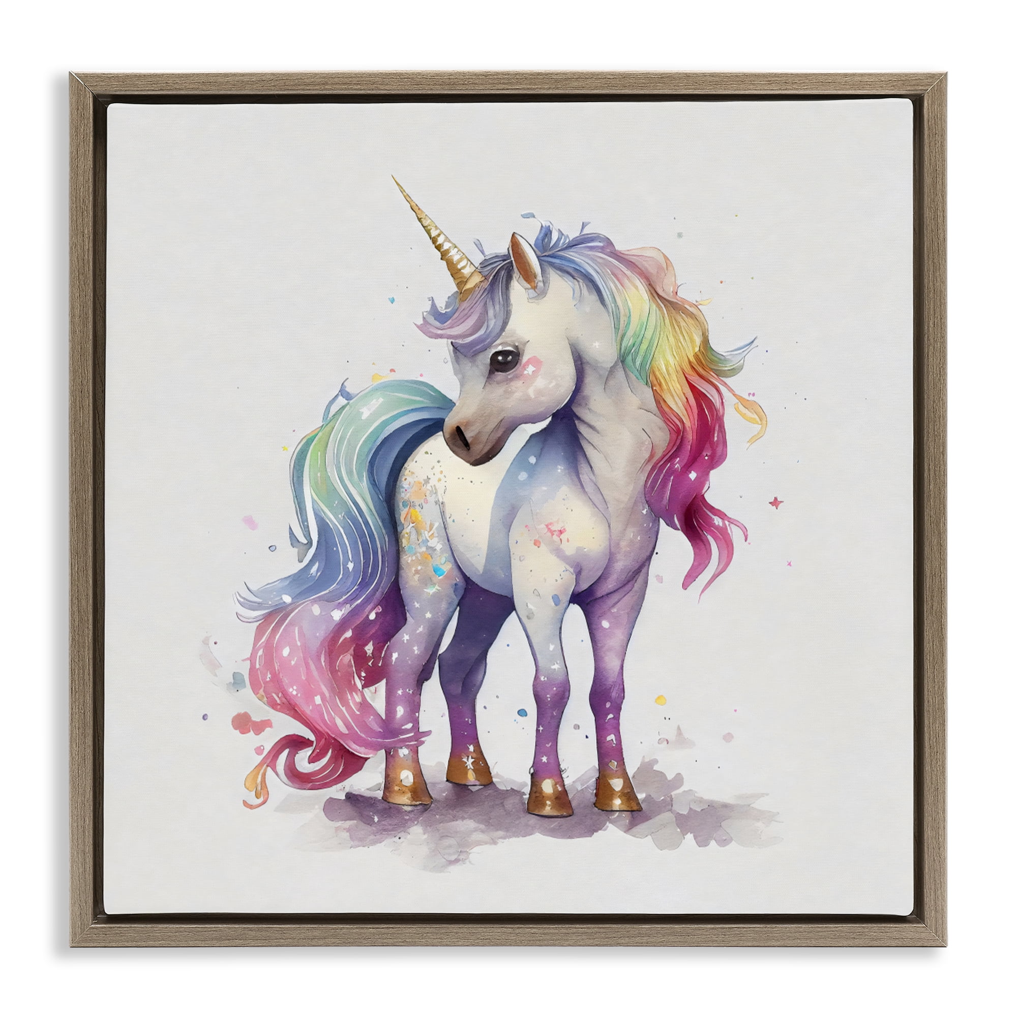 Stupell Industries Watercolor Unicorn & Rainbow Mane Brown Framed Floater Canvas Wall Art, design by Creative Studio