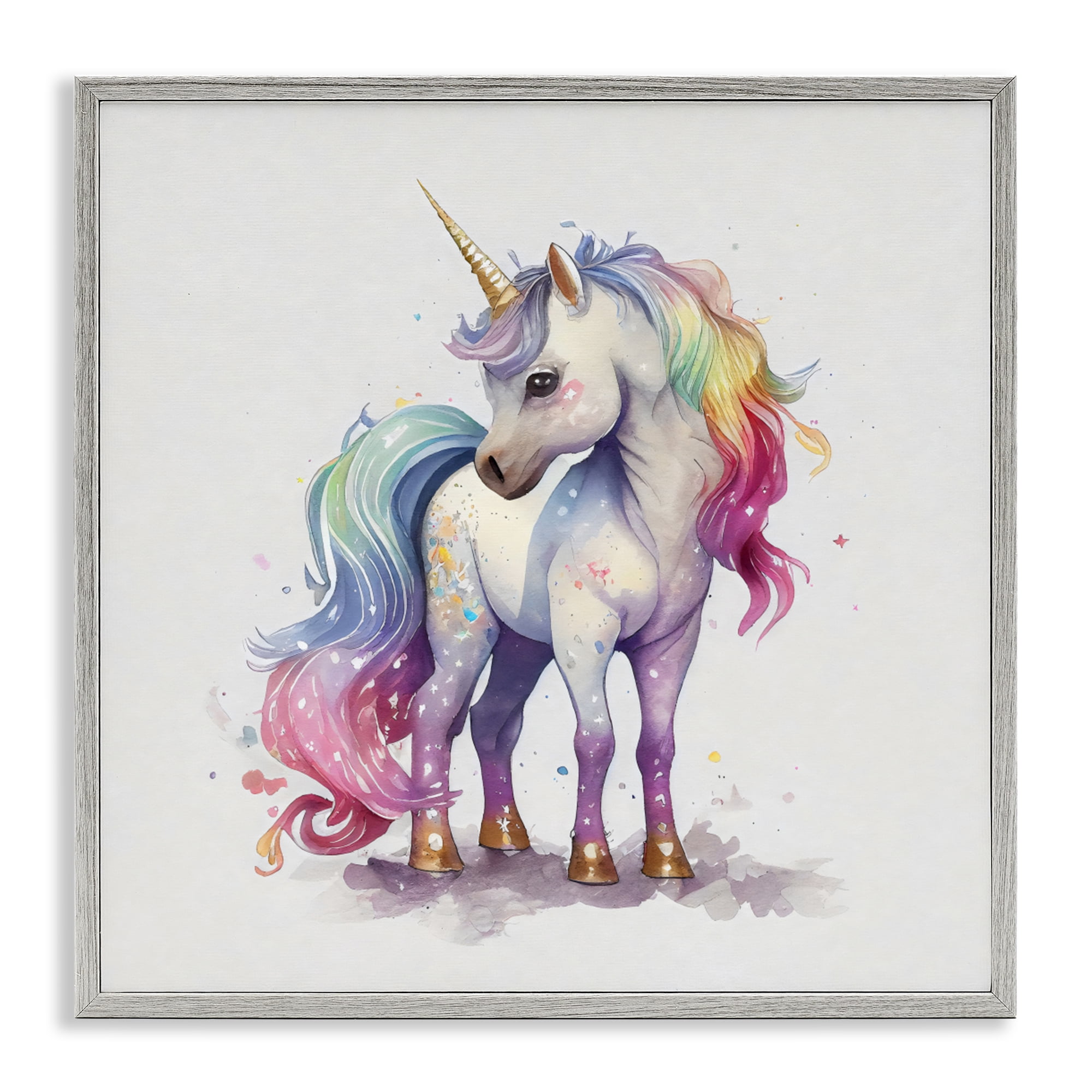 Stupell Industries Watercolor Unicorn & Rainbow Mane Gray Framed Giclee Art, design by Creative Studio