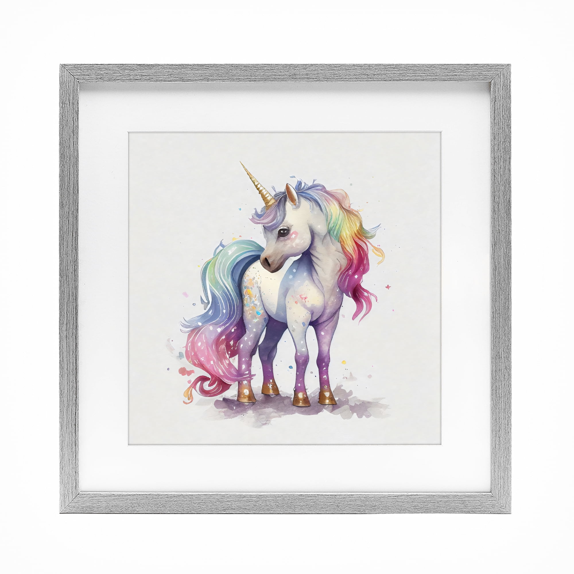 Stupell Industries Watercolor Unicorn & Rainbow Mane Gray Framed Print Under Glass, design by Creative Studio