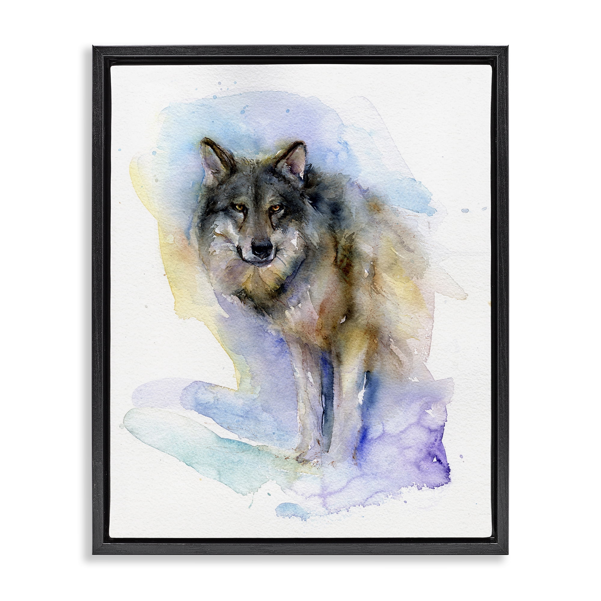 Stupell Industries Watercolor Wolf in Snow Animals & Insects Painting Black Floater Framed Canvas Art Print Wall Art, 25 x 31