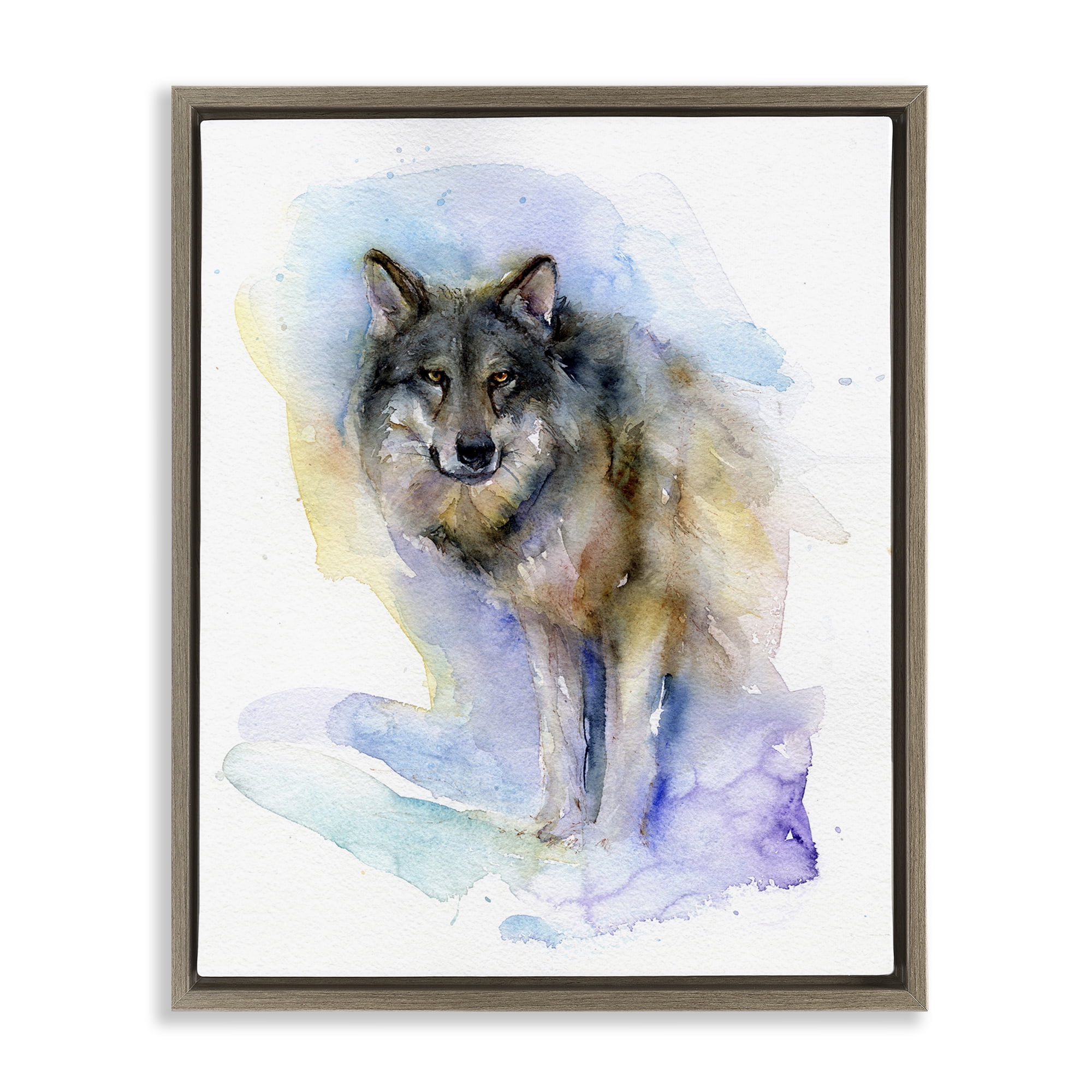 Stupell Industries Watercolor Wolf in Snow Animals & Insects Painting Brown Floater Framed Canvas Art Print Wall Art, 25 x 31