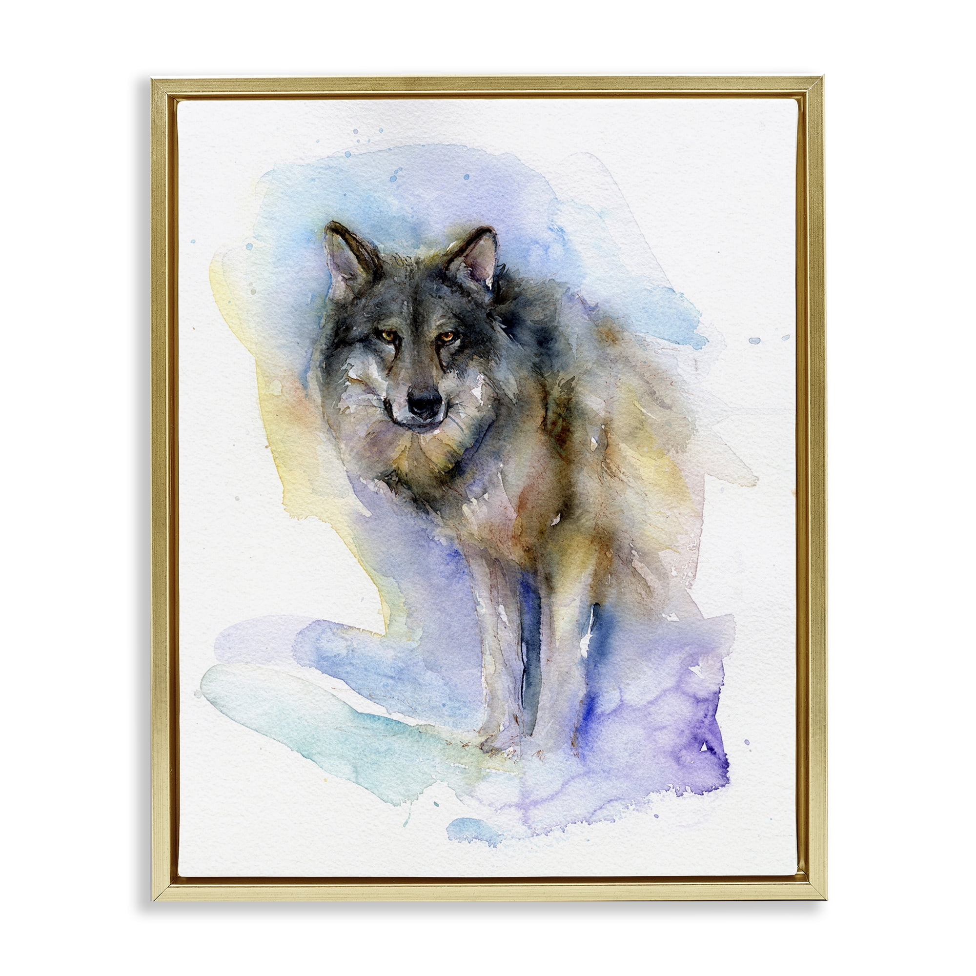 Stupell Industries Watercolor Wolf in Snow Animals & Insects Painting Gold Floater Framed Canvas Art Print Wall Art, 17 x 21