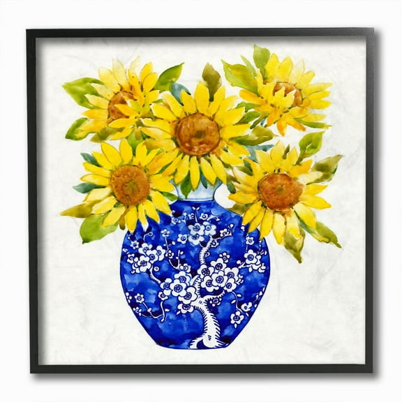 Stupell Industries Watercolor Yellow Sunflower Bouquet in Blue Vase Framed Wall Art Design by Tim OToole, 12" x 12", Black Framed