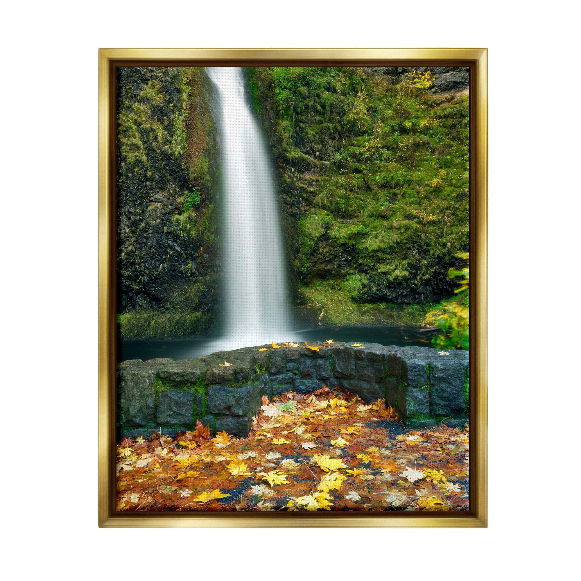 Stupell Industries Waterfall Foliage Photography Nature Photography Gold Floater Framed Art Print Wall Art, 17 x 21