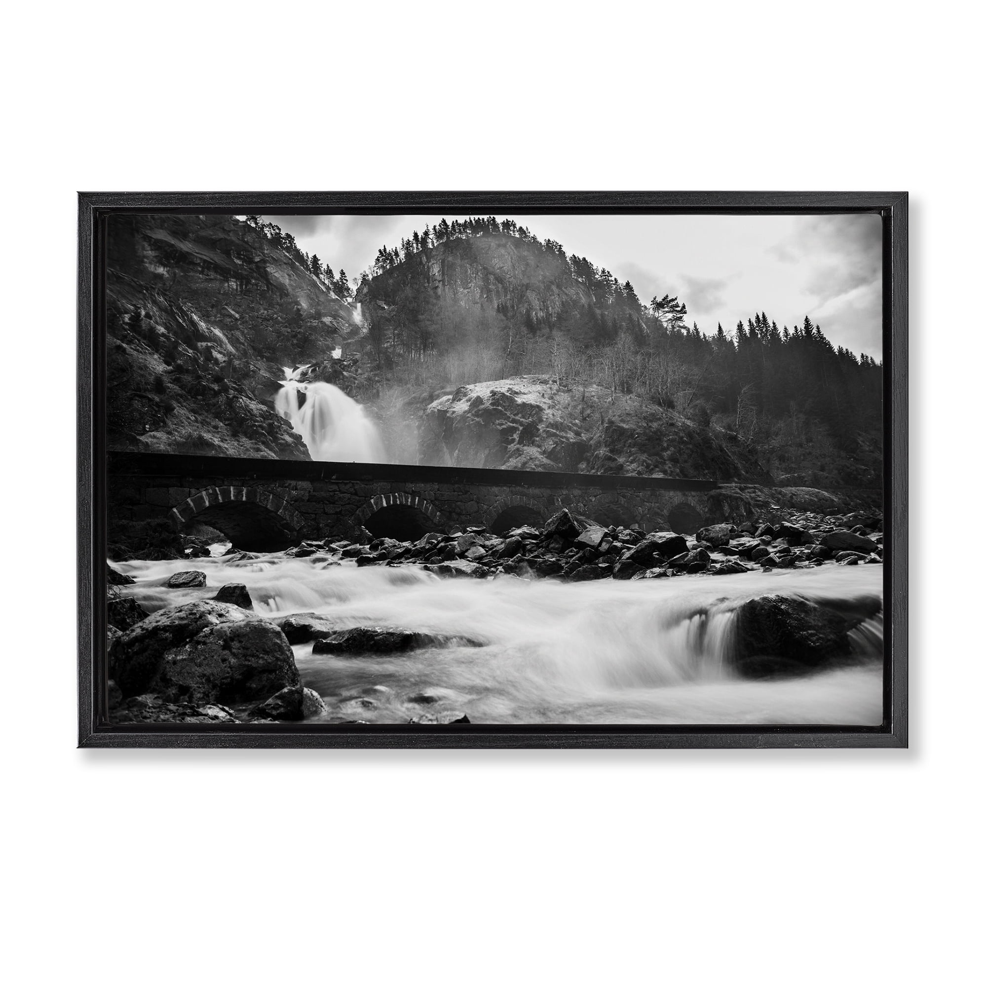 Stupell Industries Waterfall Ravine Photography Landscape & Nature Photography Black Floater Framed Canvas Art Print Wall Art, 31 x 21