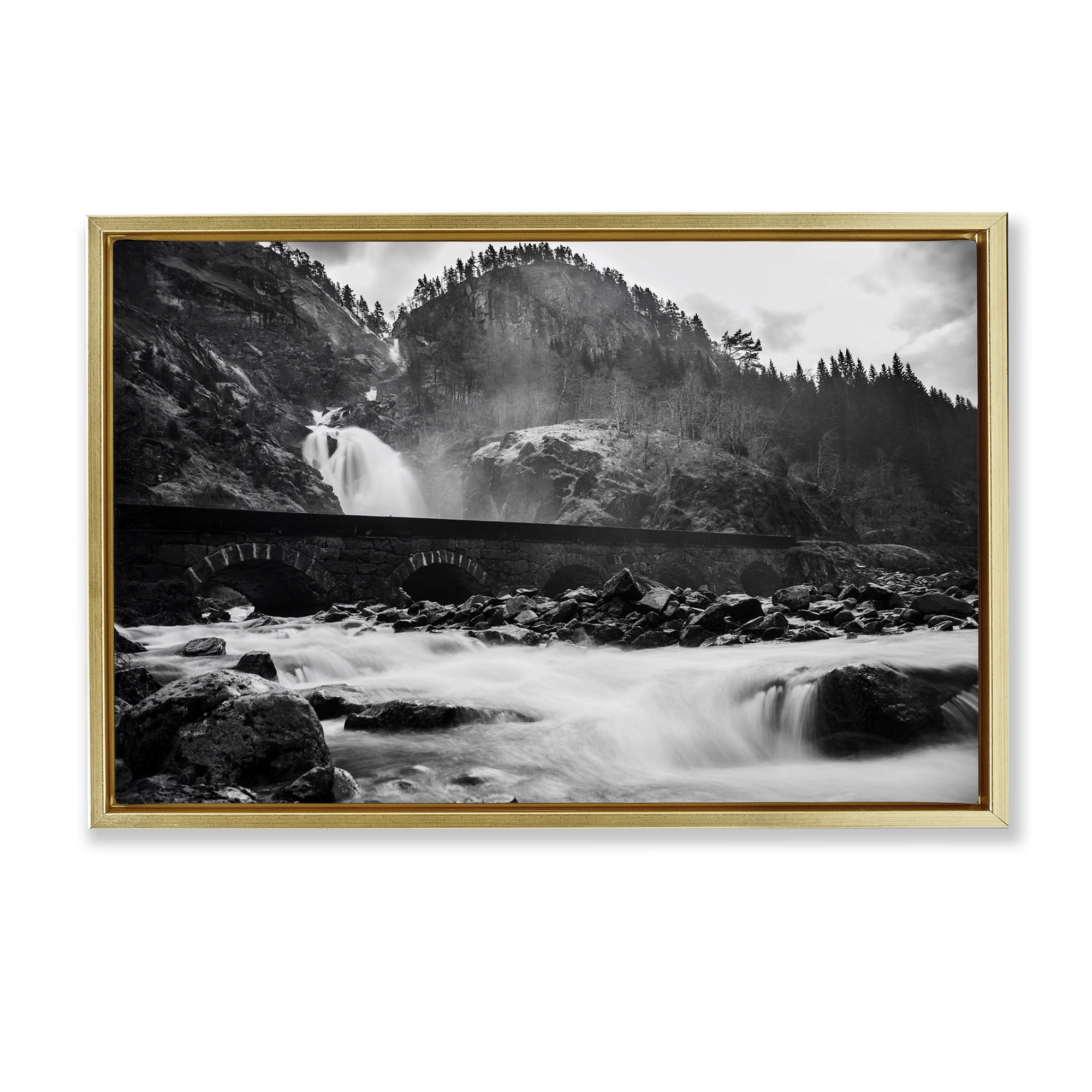 Stupell Industries Waterfall Ravine Photography Landscape & Nature Photography Gold Floater Framed Canvas Art Print Wall Art, 31 x 21
