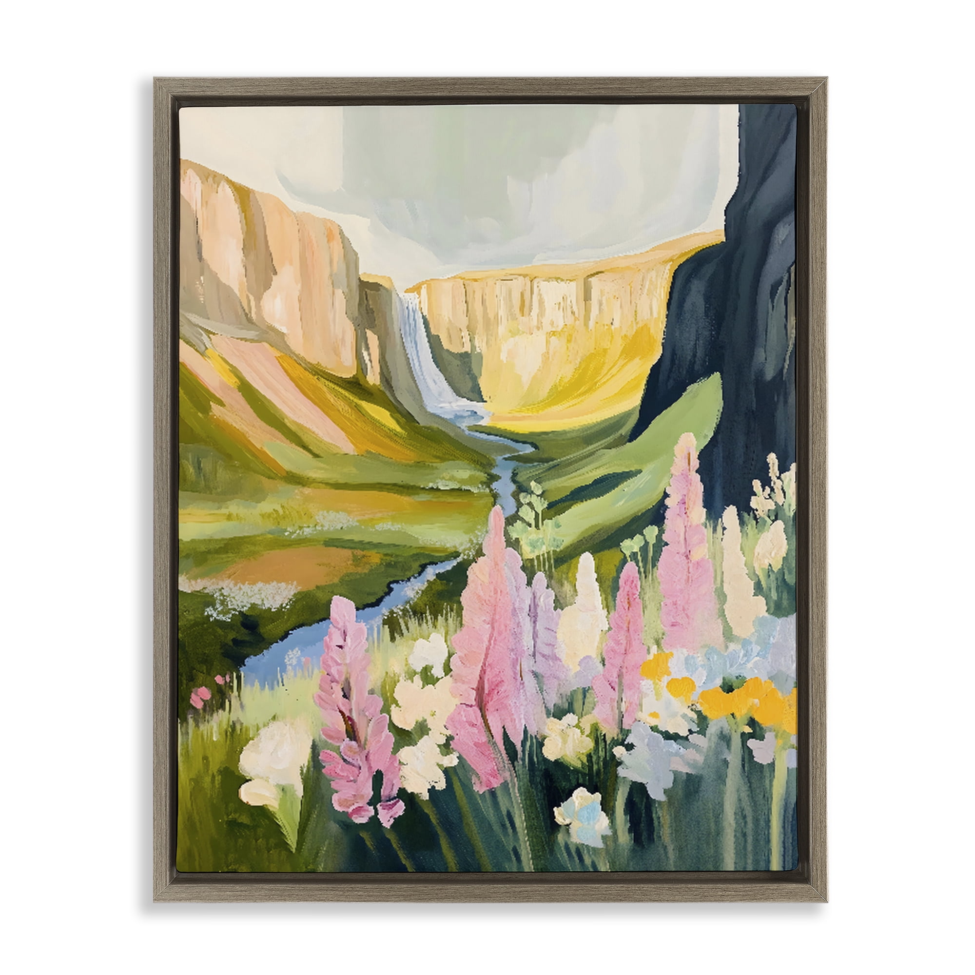 Stupell Industries Waterfall and Valley in Bloom Brown Framed Floater Canvas Wall Art, design by The Prints Vibe