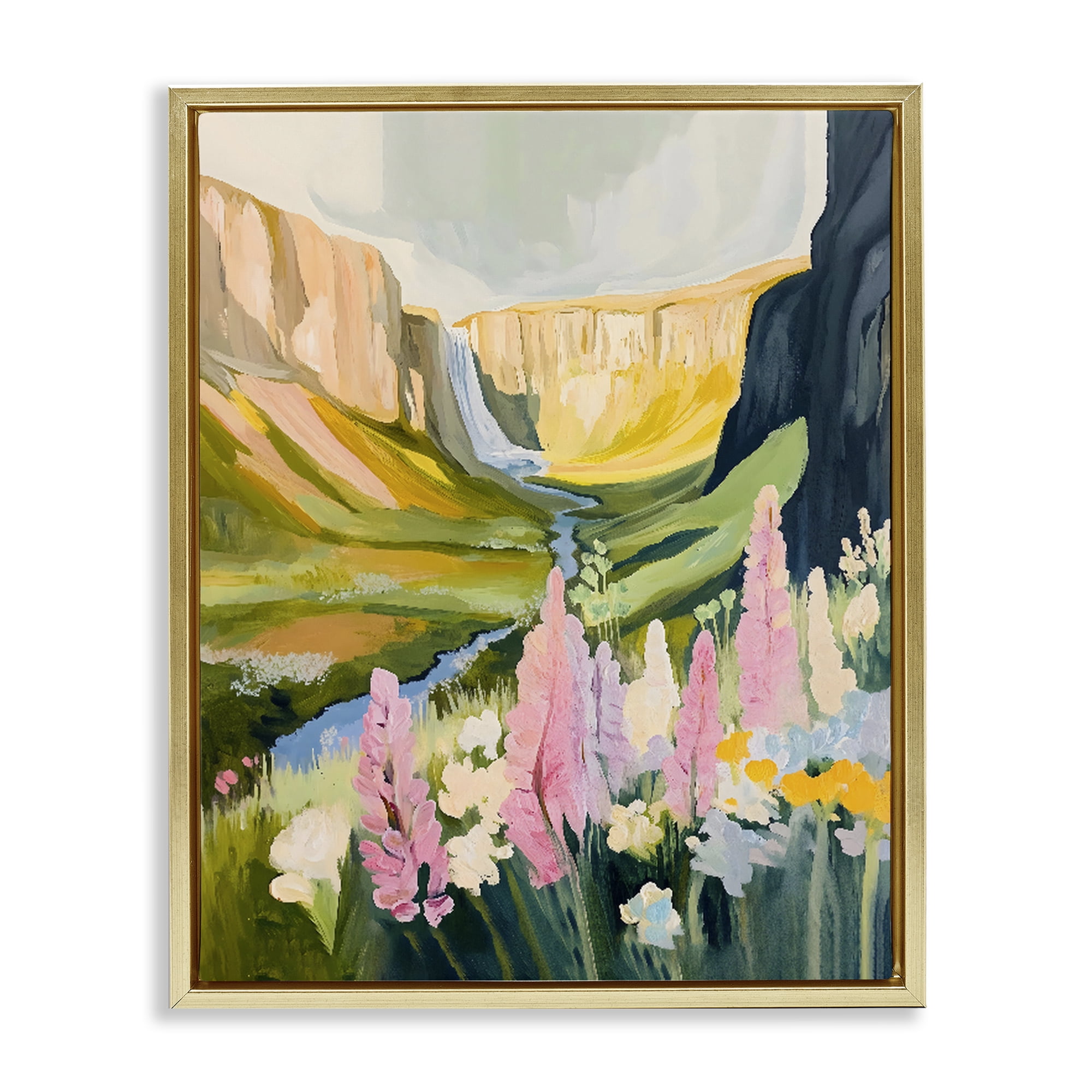 Stupell Industries Waterfall and Valley in Bloom Gold Framed Floater Canvas Wall Art, design by The Prints Vibe