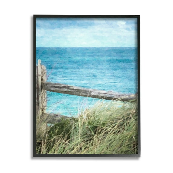 Stupell Industries Waterfront Beach Fence Nature Photography Black Framed Art Print Wall Art, 16 x 20