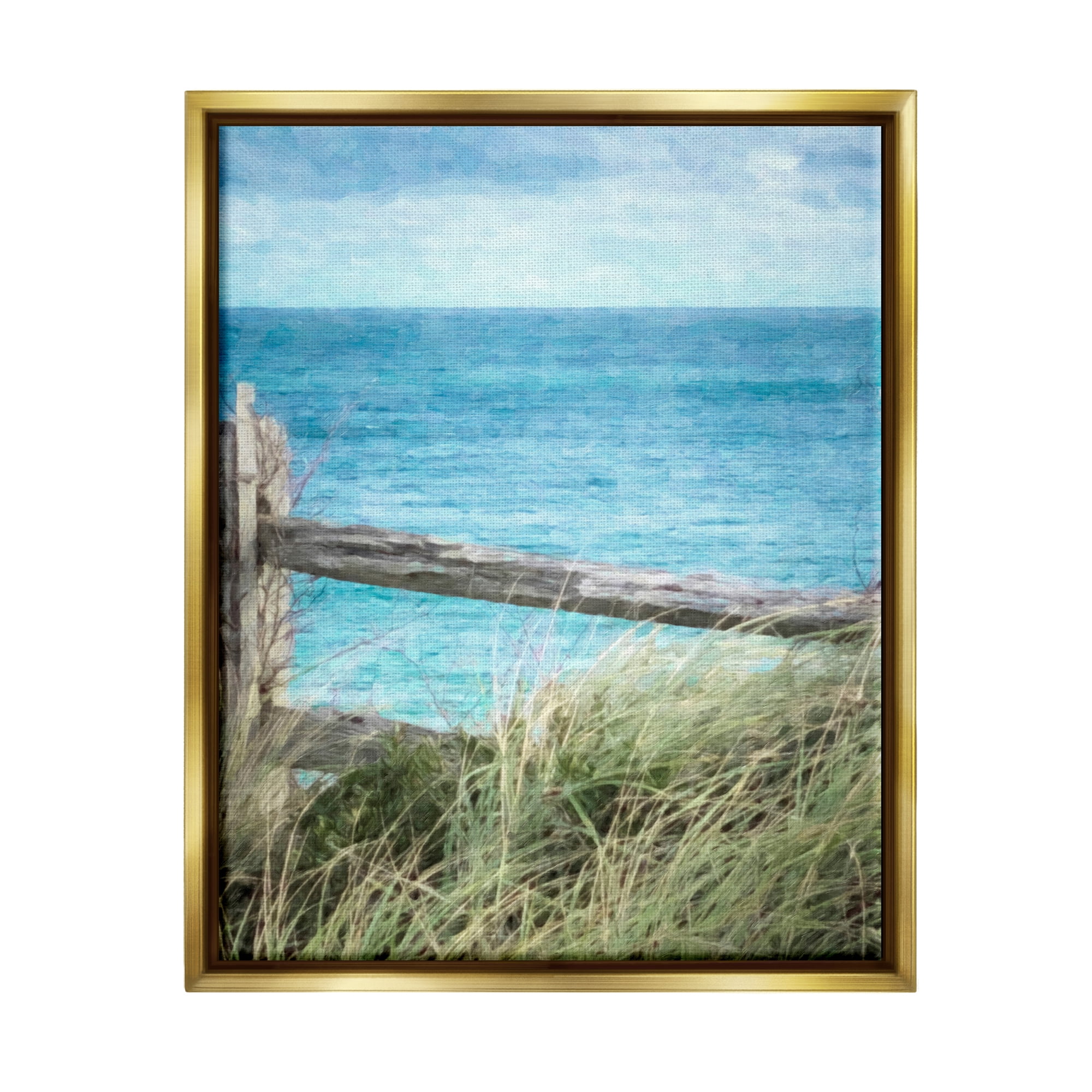 Stupell Industries Waterfront Beach Fence Nature Photography Gold Floater Framed Art Print Wall Art, 17 x 21