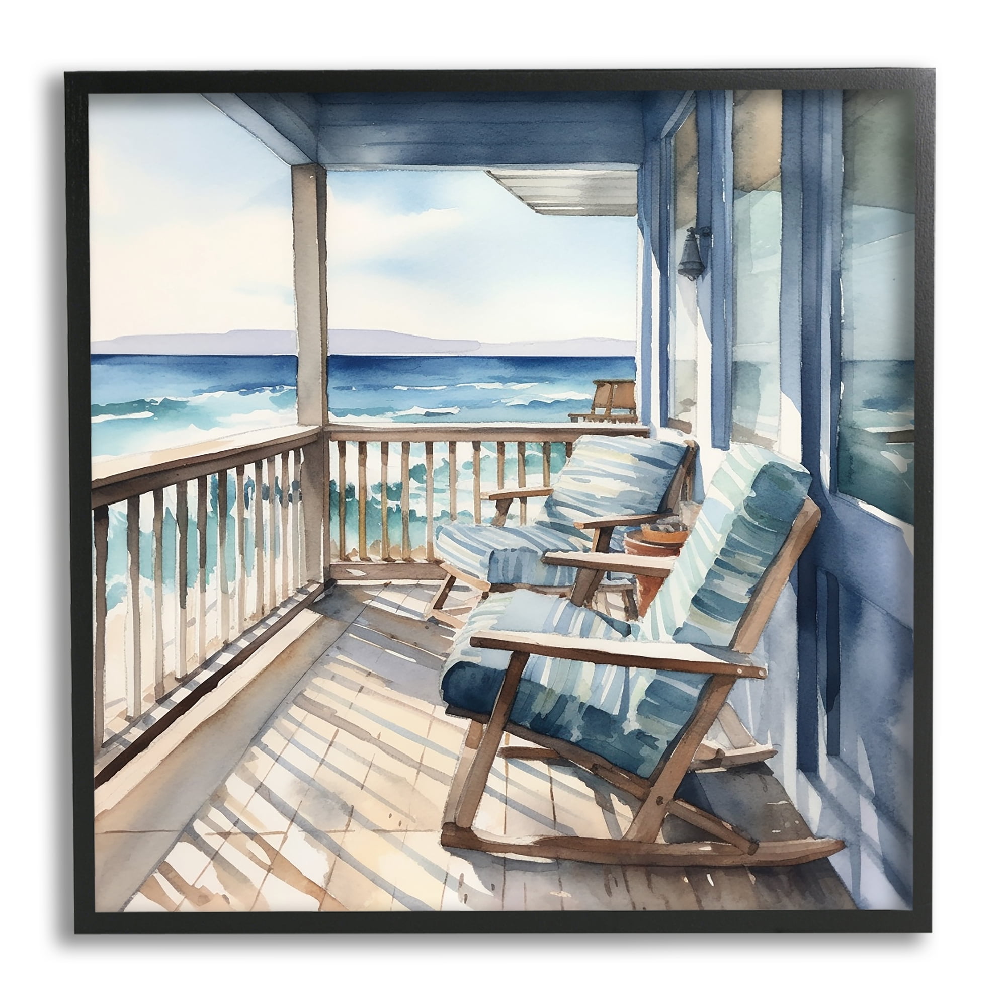 Stupell Industries Waterfront Beach View Landscape Painting Black Framed Art Print Wall Art, 17 x 17