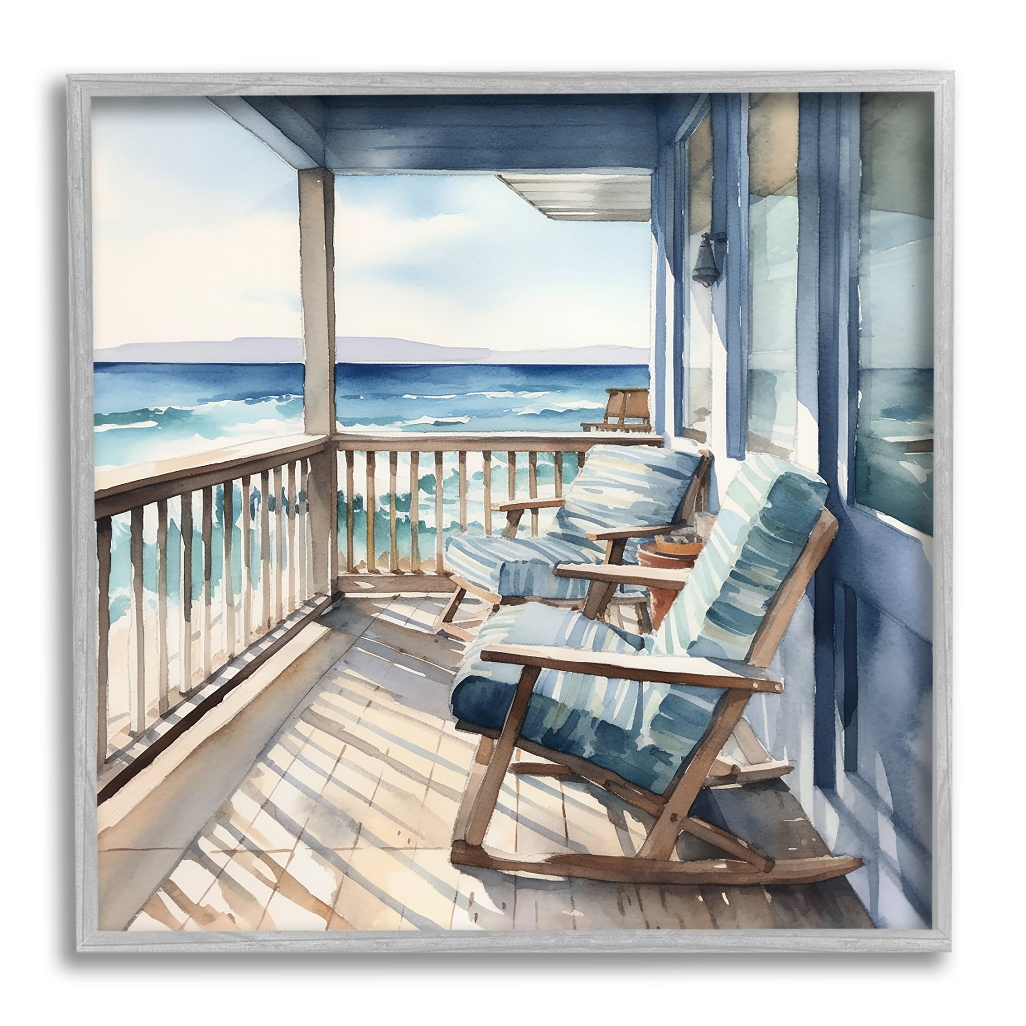 Stupell Industries Waterfront Beach View Landscape Painting Gray Framed Art Print Wall Art, 24 x 24