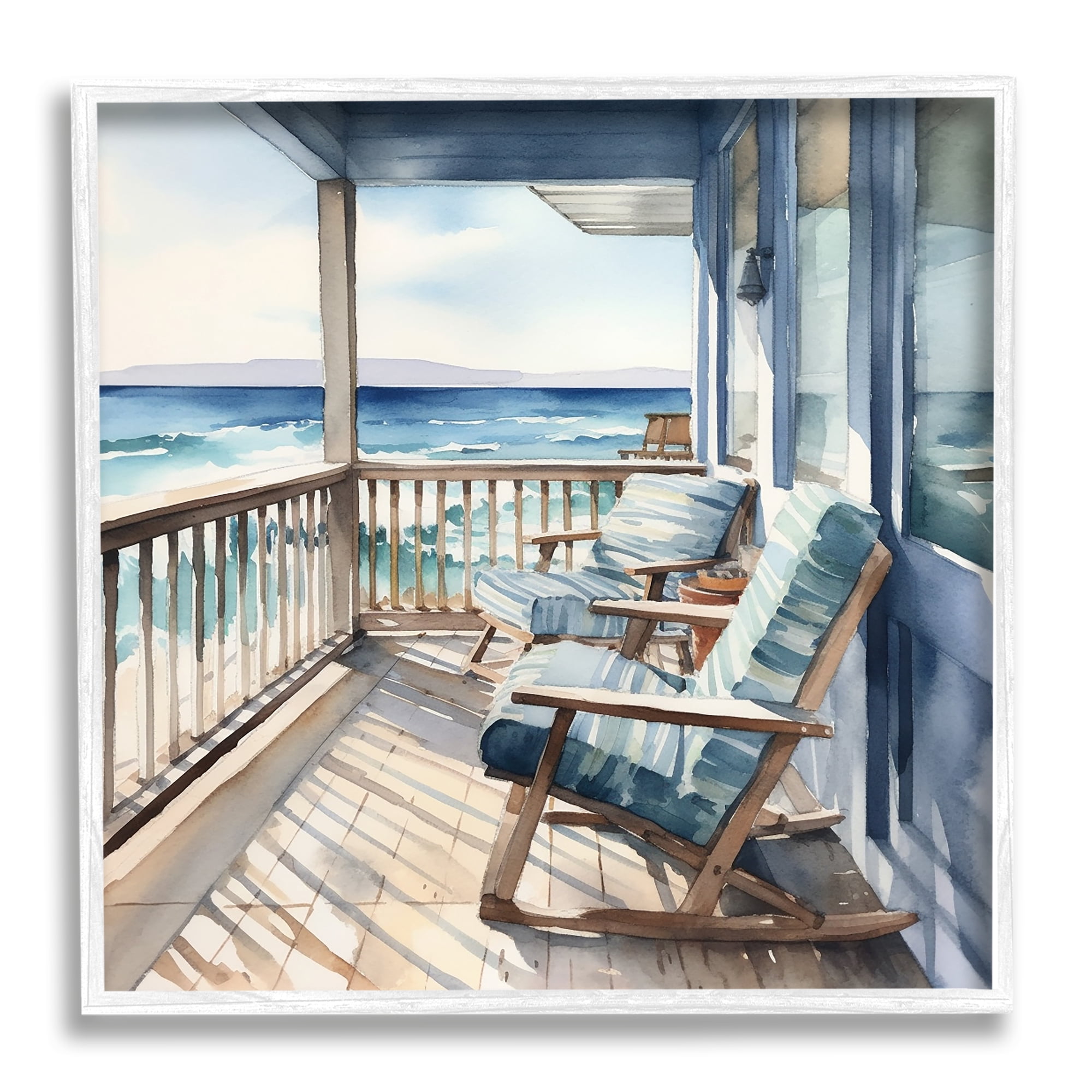 Stupell Industries Waterfront Beach View Landscape Painting White Framed Art Print Wall Art, 17 x 17