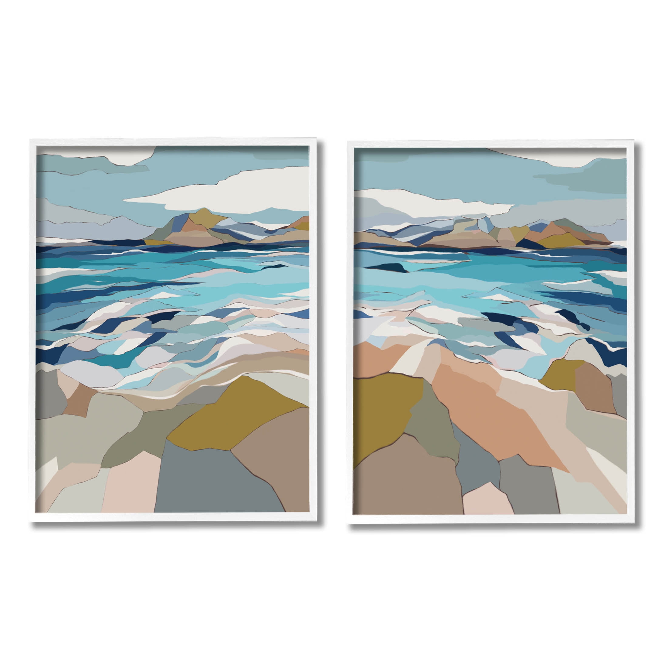 Stupell Industries Waterfront Geometric Abstract Painting Graphic Art White Framed Art Print Wall Art, Set of 2, Design by Nikita Jariwala