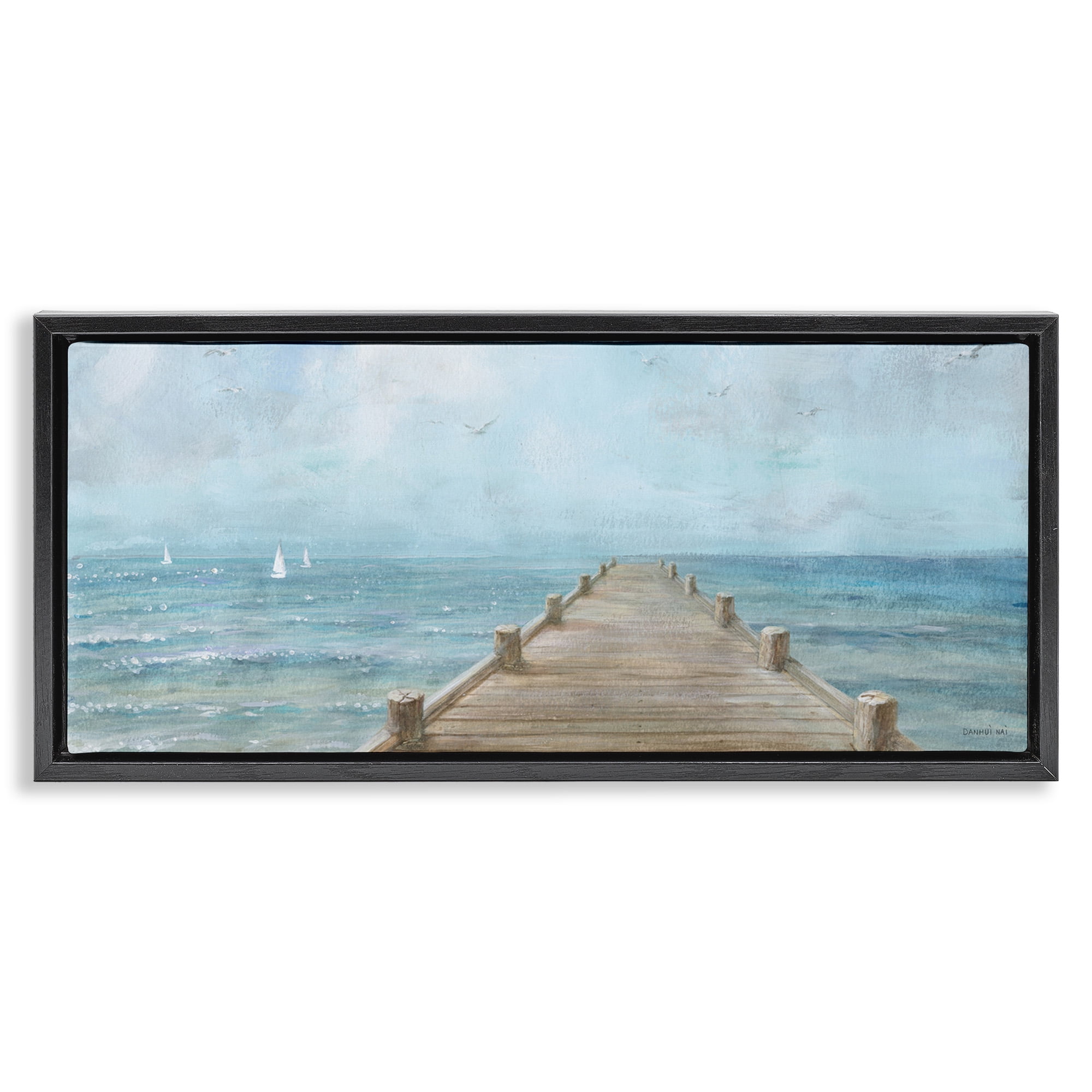 Stupell Industries Waterfront Pier Coastal Ocean View Nature Painting Black Floater Framed Canvas Art Print Wall Art, 25 x 11