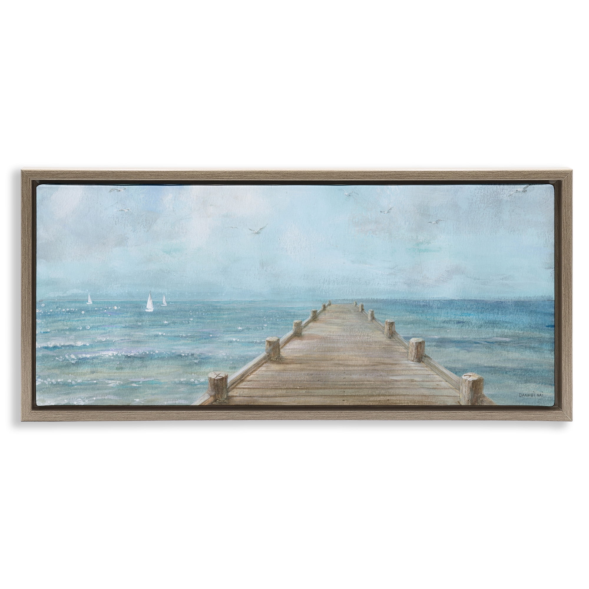 Stupell Industries Waterfront Pier Coastal Ocean View Nature Painting Brown Floater Framed Canvas Art Print Wall Art, 25 x 11