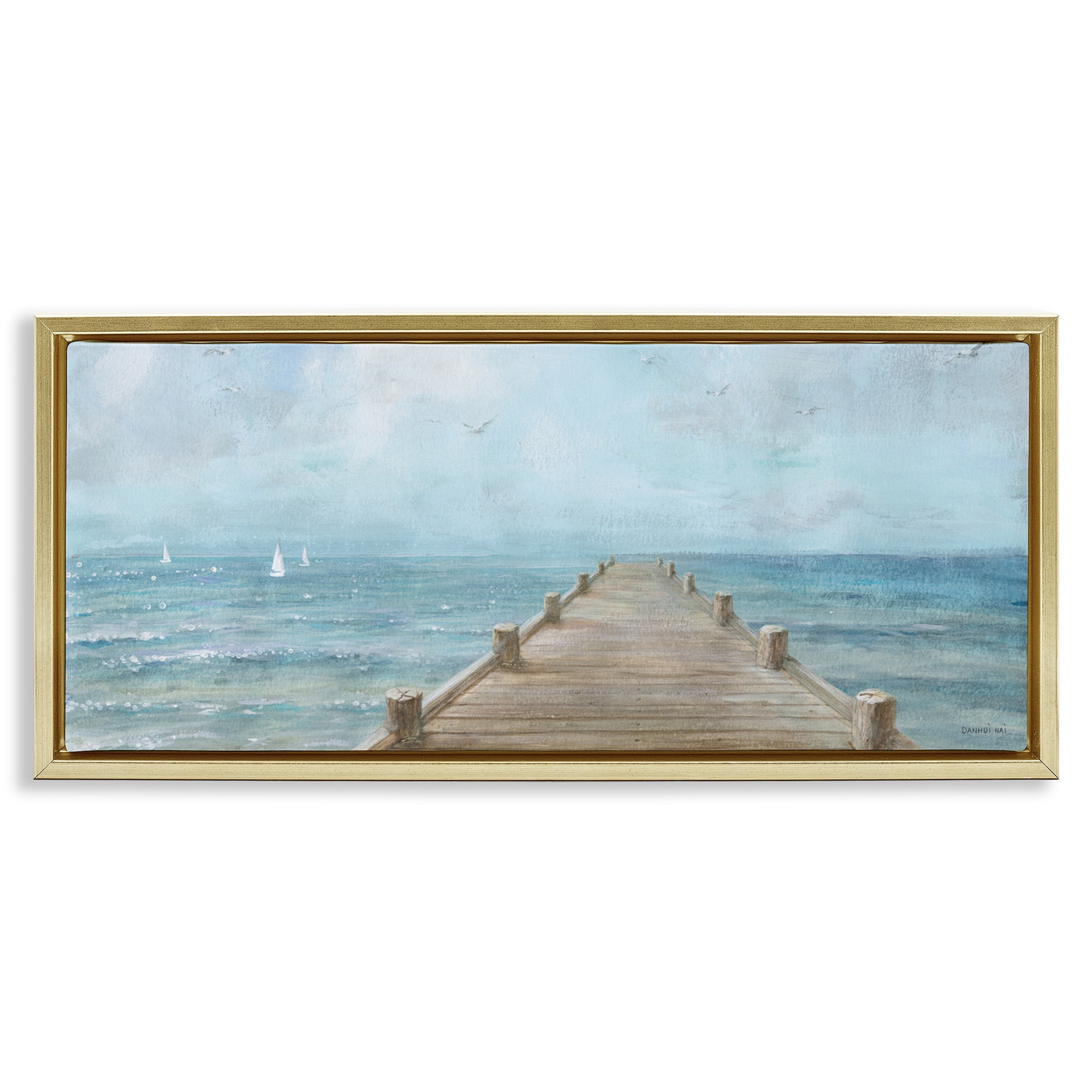 Stupell Industries Waterfront Pier Coastal Ocean View Nature Painting Gold Floater Framed Canvas Art Print Wall Art, 31 x 14