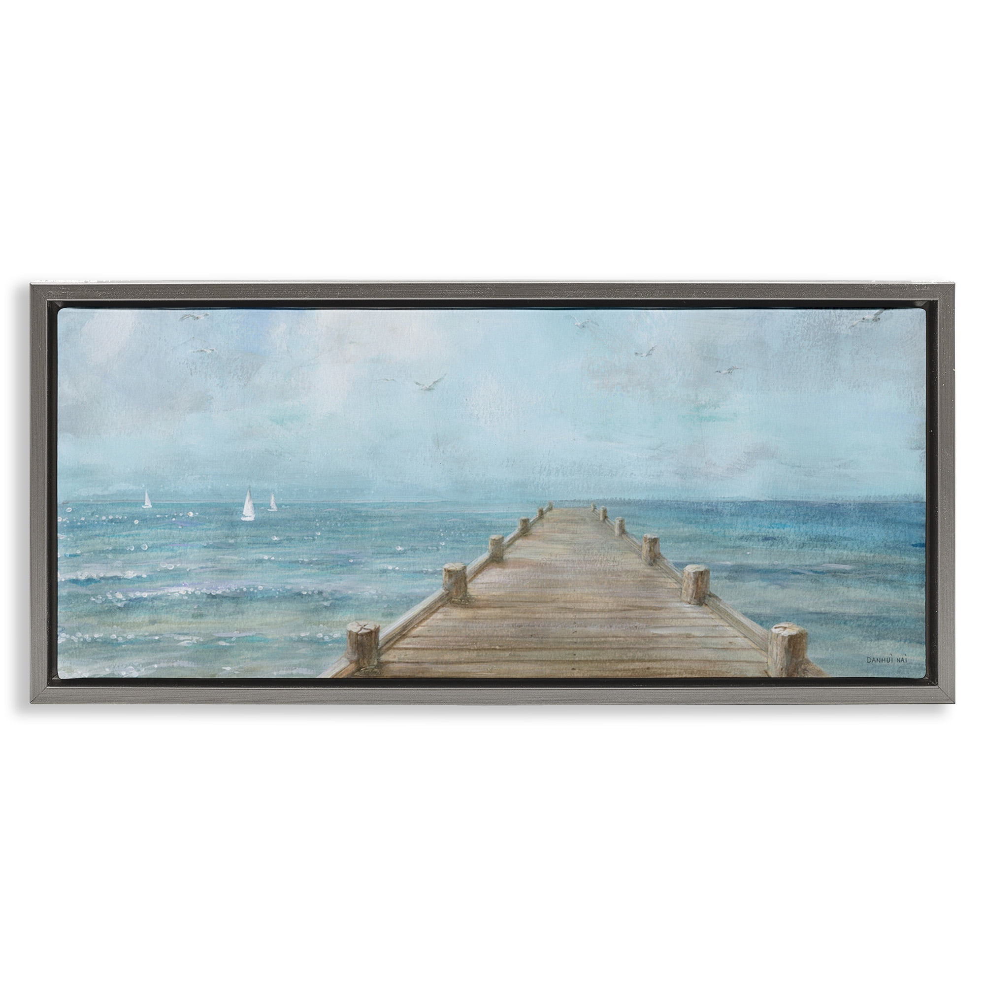 Stupell Industries Waterfront Pier Coastal Ocean View Nature Painting Gray Floater Framed Canvas Art Print Wall Art, 25 x 11