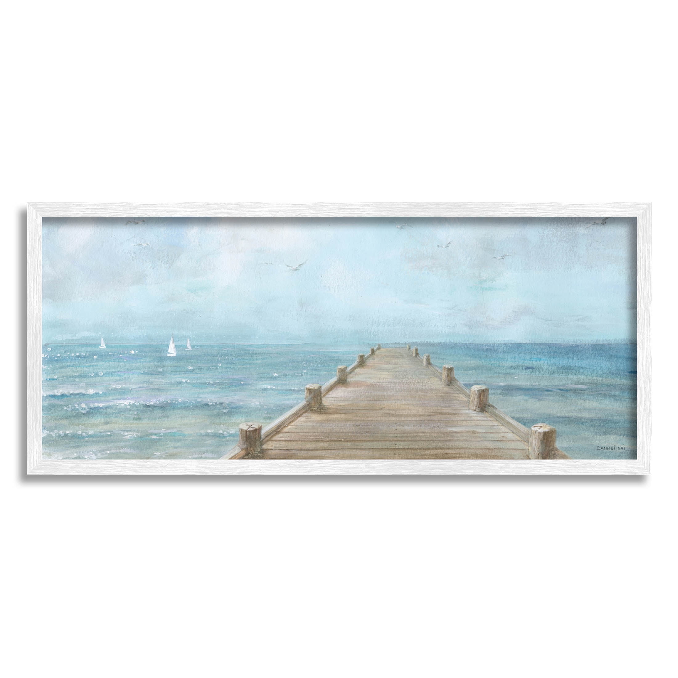 White Framed Coastal Ocean View Pier Print, 30" x 13"