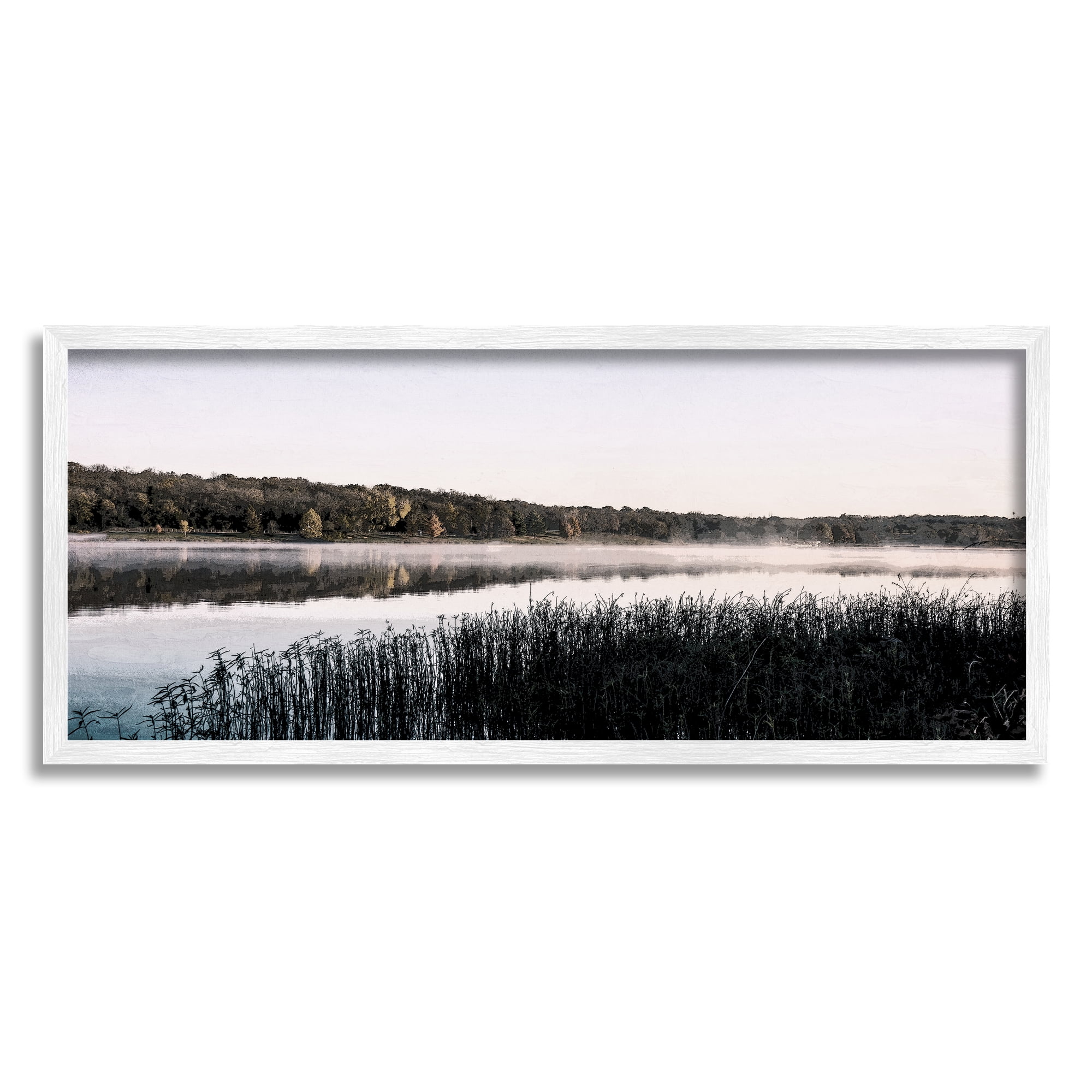 Stupell Industries Waterfront Reeds Landscape Landscape Photography White Framed Art Print Wall Art, 30 x 13