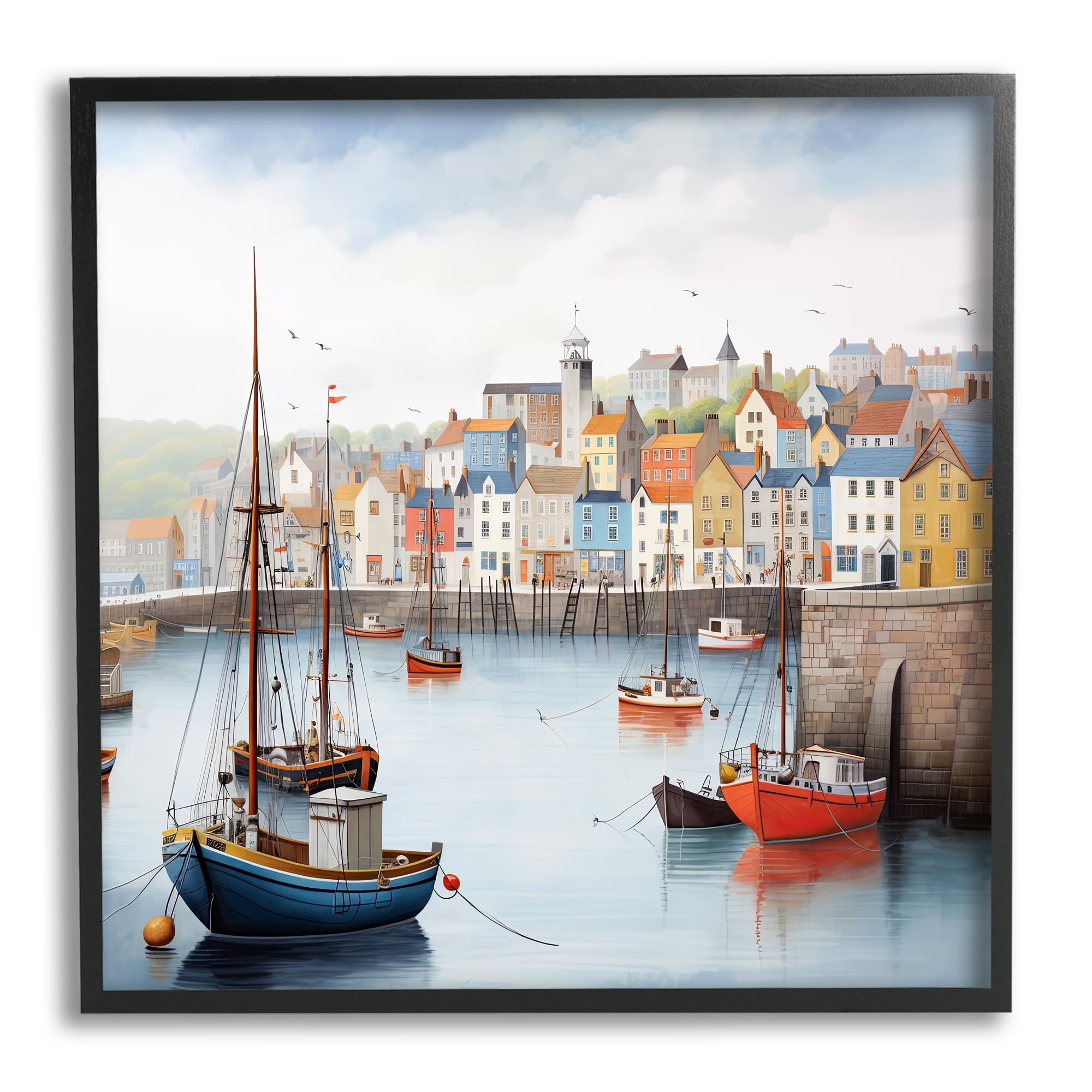 Stupell Industries Waterfront Town Marina Transportation Painting Black Framed Art Print Wall Art, 24 x 24