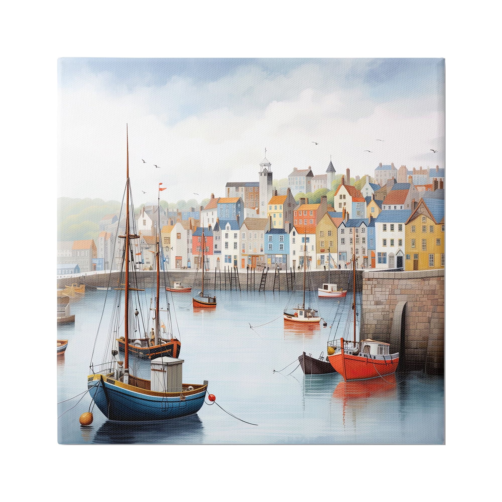 Stupell Industries Waterfront Town Marina Transportation Painting Gallery Wrapped Canvas Art Print Wall Art, 24 x 24