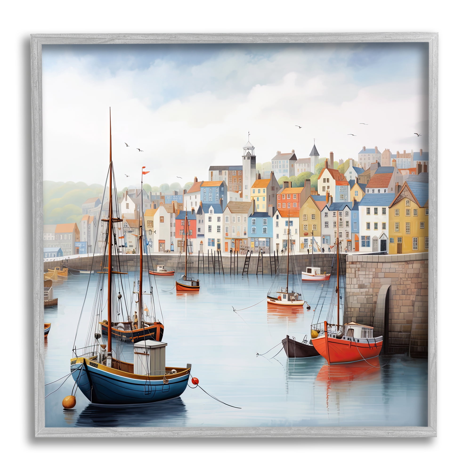 Stupell Industries Waterfront Town Marina Transportation Painting Gray Framed Art Print Wall Art, 12 x 12