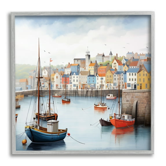 Stupell Industries Waterfront Town Marina Transportation Painting Gray Framed Art Print Wall Art, 17 x 17