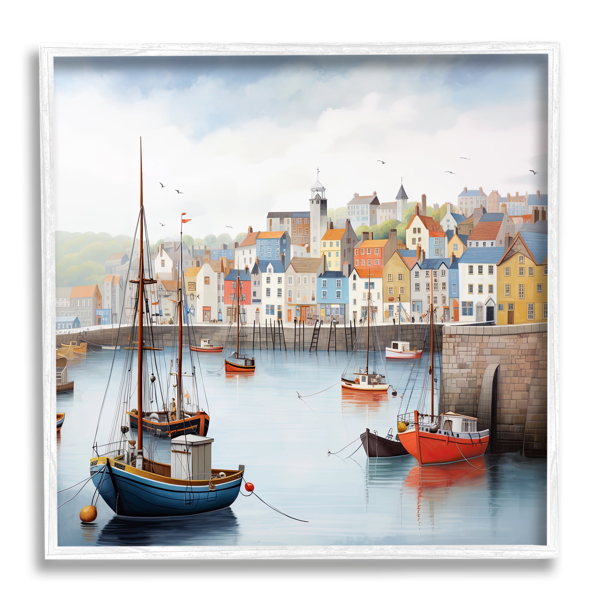 Stupell Industries Waterfront Town Marina Transportation Painting White Framed Art Print Wall Art, 24 x 24