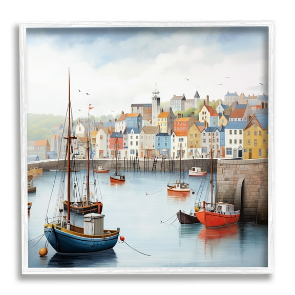 Stupell Industries Waterfront Town Marina Transportation Painting White Framed Art Print Wall Art, 24 x 24