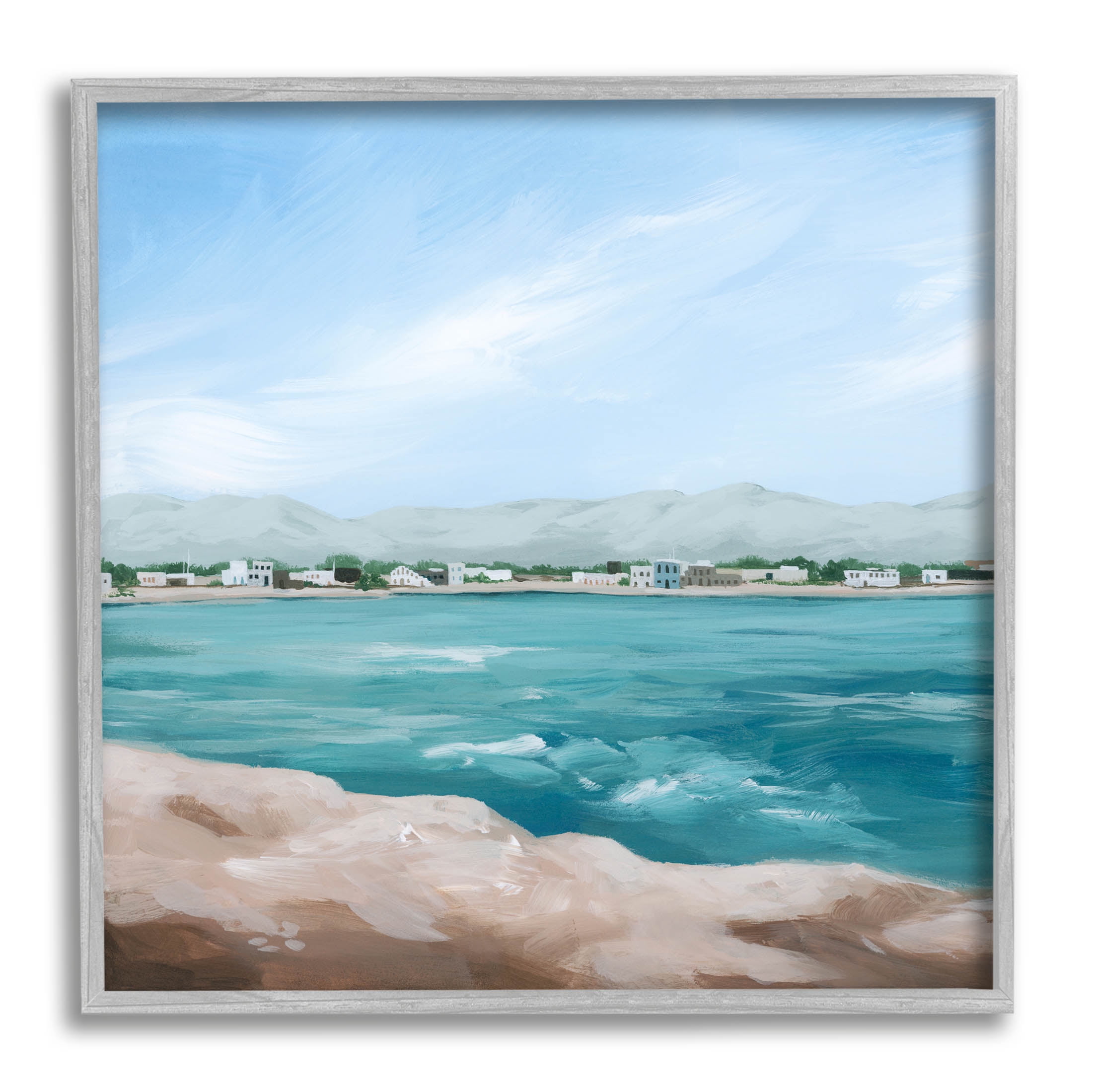 Stupell Industries Waterfront Town Ocean Scenery Painting Gray Framed Art Print Wall Art, Design by Grace Popp